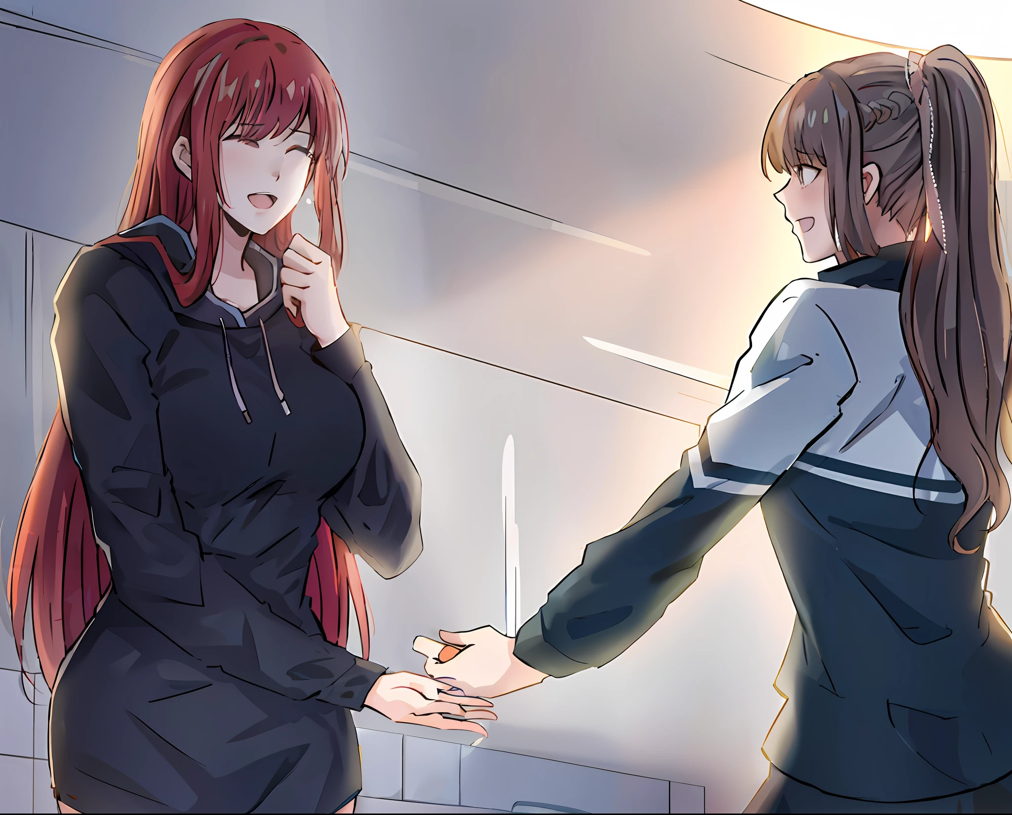 anime image of two women in a bathroom one is holding her hand, rings asuka iwakura station game, from girls frontline, ; visual novel, marin kitagawa fanart, realistic artstyle, high quality fanart, visual novel cg, holding hand, realistic anime artstyle, reaching out to each other, official fanart, inspired by Rei Kamoi