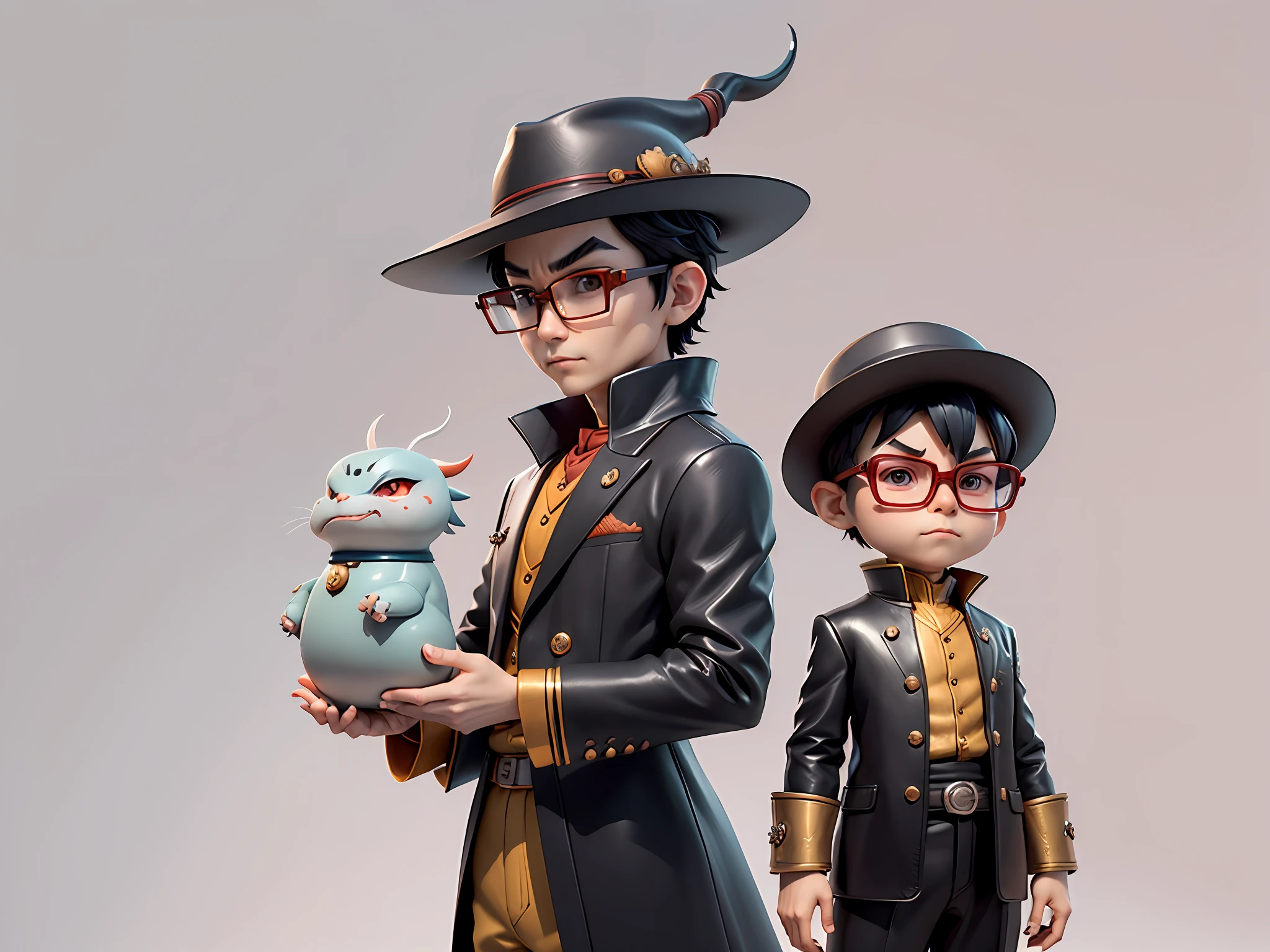 Young man with oriental face in leather hat, dragon, formal suit, short black hair, silver glasses, digital painting, 3D character design by Mark Clairedon and Pixar and Hayao Miyazaki and Akira Toriyama, the illustration is a high-definition illustration in 4K resolution with very detailed facial features and cartoon-style visuals.