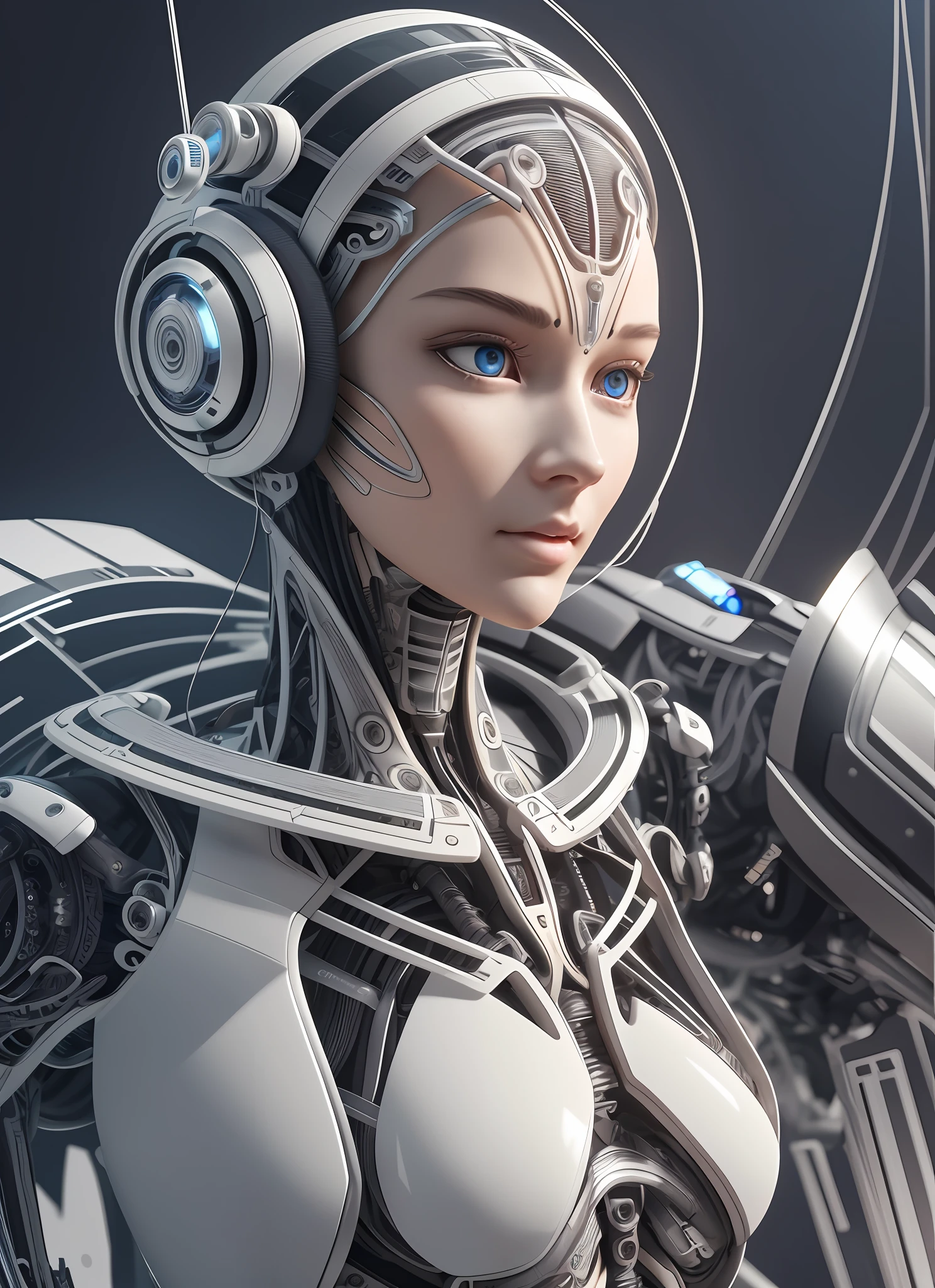 Complex 3D rendering Ultra-detailed woman android face with beautiful porcelain silhouette, cyborg, robot part, 150 mm, beautiful studio soft light, edge light, vibrant detailing, luxury cyberpunk, lace, surreal, anatomy, facial muscles, cable wire, microchip, elegant, beautiful background, octane rendering, h. r. giger style, 8k, best quality, masterpiece, Illustrations, An extremely refined and beautiful, very detailed, CG, unity, wallpaper, (Realistic, photorealistic: 1.37), amazing, fine details, masterpiece, best quality, official art, extremely detailed CG Unity 8k wallpaper, ridiculous, incredibly ridiculous, robot, silver halmet, full body, sitting