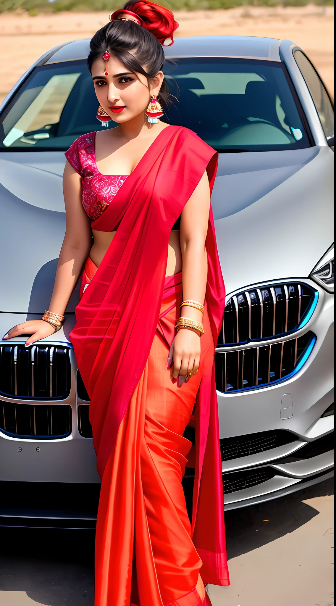 hHot indian saree girl drive bmw car, hot look, red lips,ponytail hair