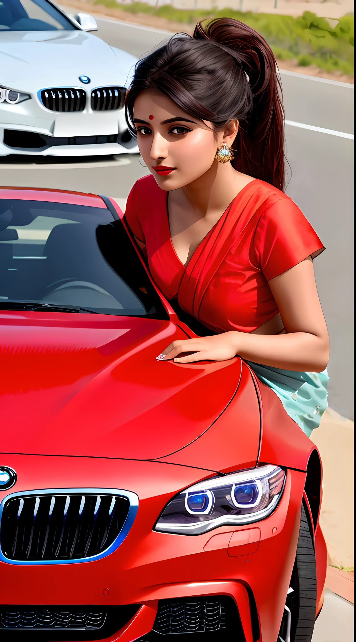 hHot indian saree girl drive bmw car, hot look, red lips,ponytail hair