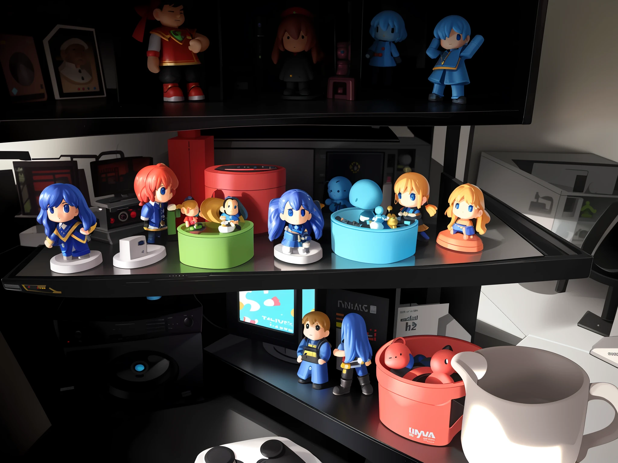 there are many figurines on a shelf in front of a tv, knick knacks, toys figures, slightly blurred, lot of detail, bust shot, gamer, very very low quality picture, slightly blurry, gaming, ultra wide shot, wideshot, indoor shot, collection, video game item, not blurry, super wide shot, cluttered medium shot