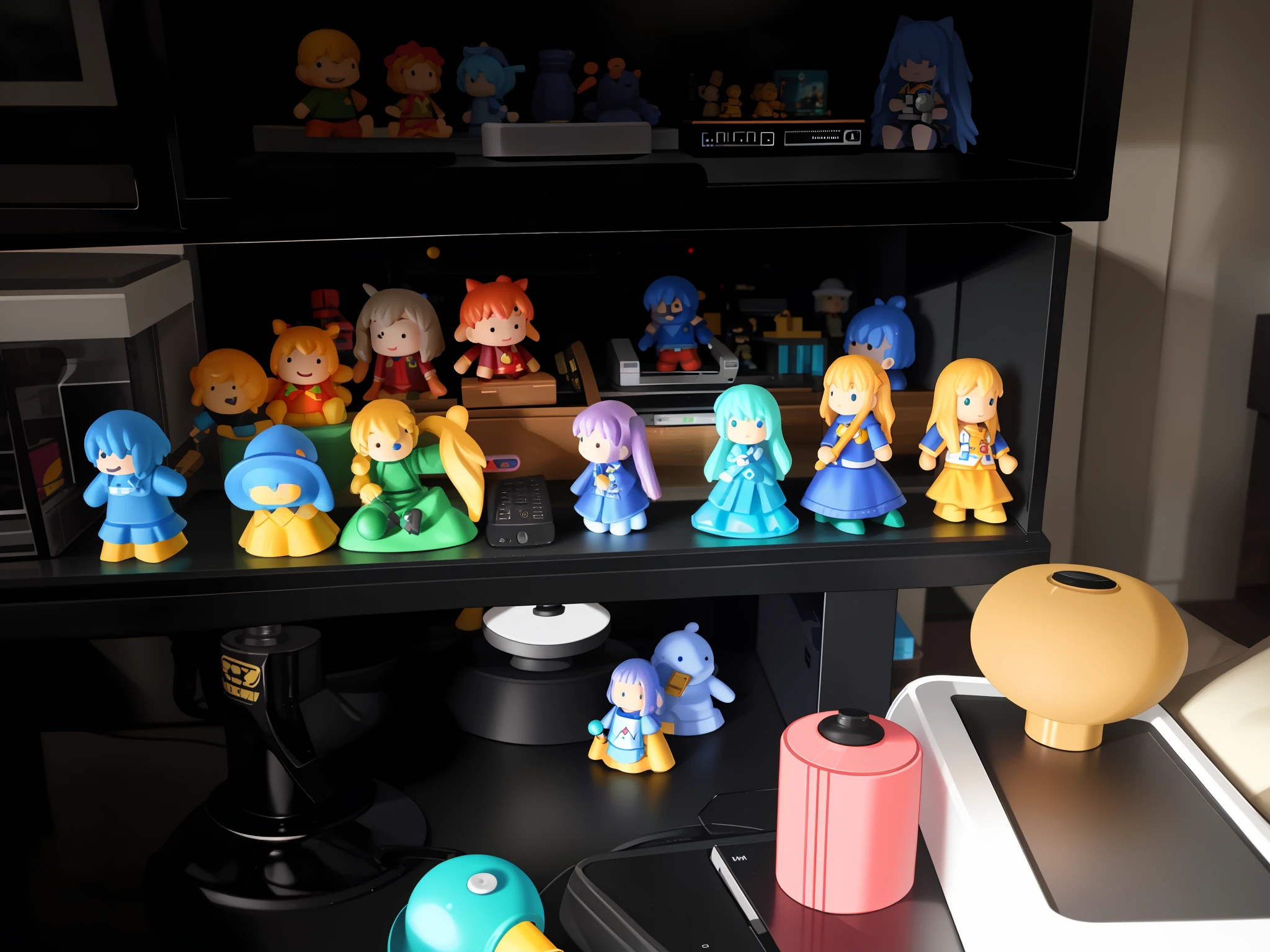 there are many figurines on a shelf in front of a tv, knick knacks, toys figures, slightly blurred, lot of detail, bust shot, gamer, very very low quality picture, slightly blurry, gaming, ultra wide shot, wideshot, indoor shot, collection, video game item, not blurry, super wide shot, cluttered medium shot