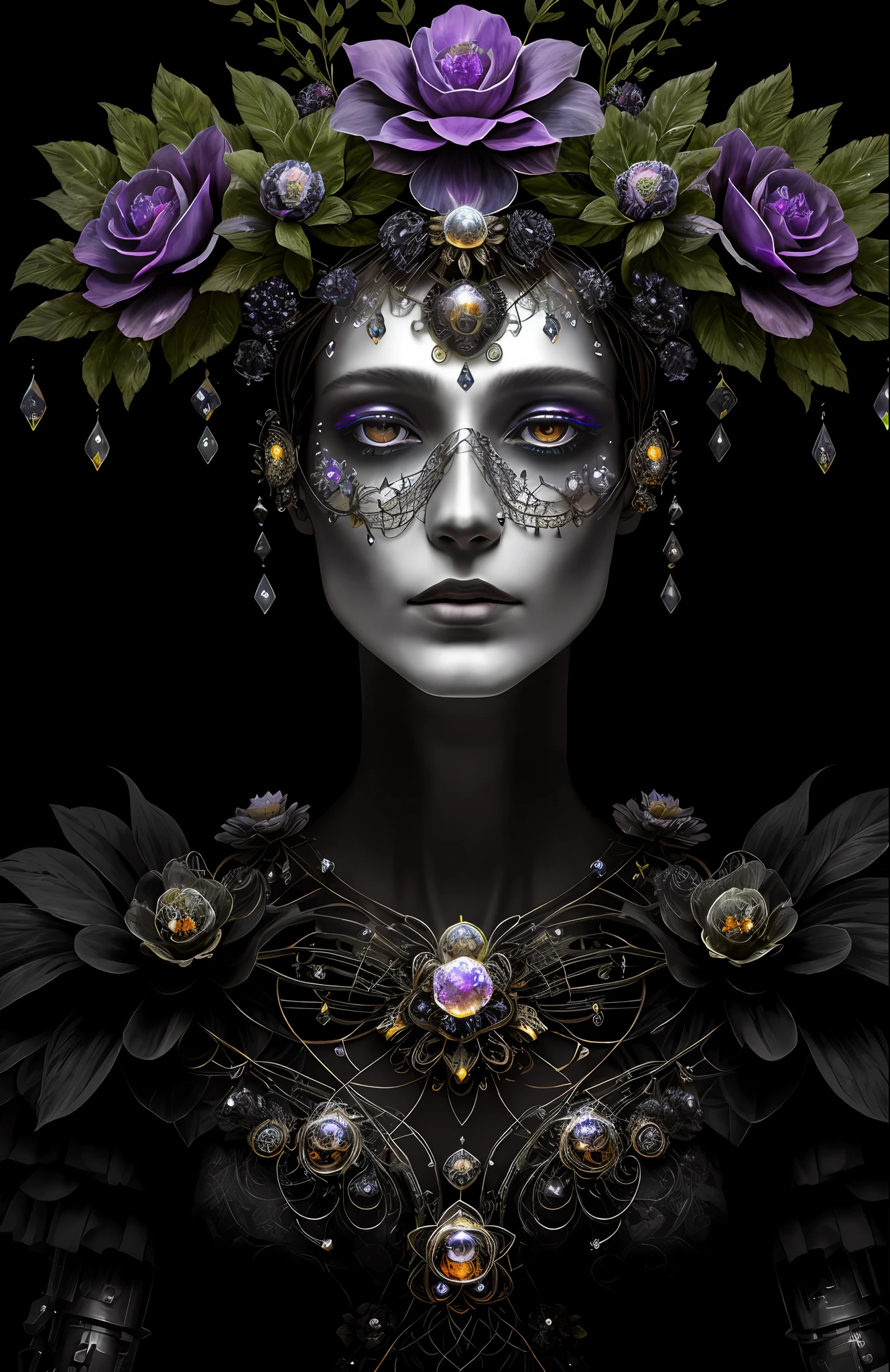 "Rosen maiden, (masterpiece, best quality), (illustration), strange fungal disease dense forest, transparent sticky substance, caustics, crystals, close-up, intricate details, dark background, sparkling spores, rainbow crystals, darkness", made of metal, cyborg: 1.1, [detailed wire]: 1.3, (complex details), HDR, (complex details, hyperdetailed: 1.2),