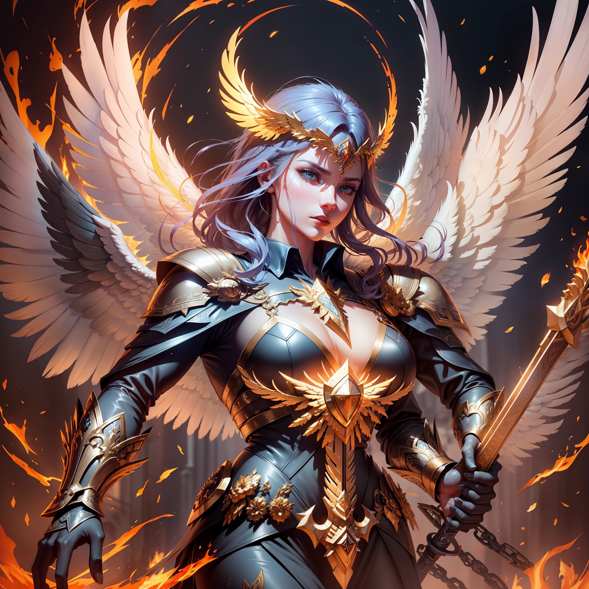 Create an image of an archangel with four large wings who is leading an army of angels to fight the forces of evil in an epic battle. He has a flaming sword in one hand and a shield in the other, and his face is determined and courageous. UHD, high details, super detail, best quality, 8k