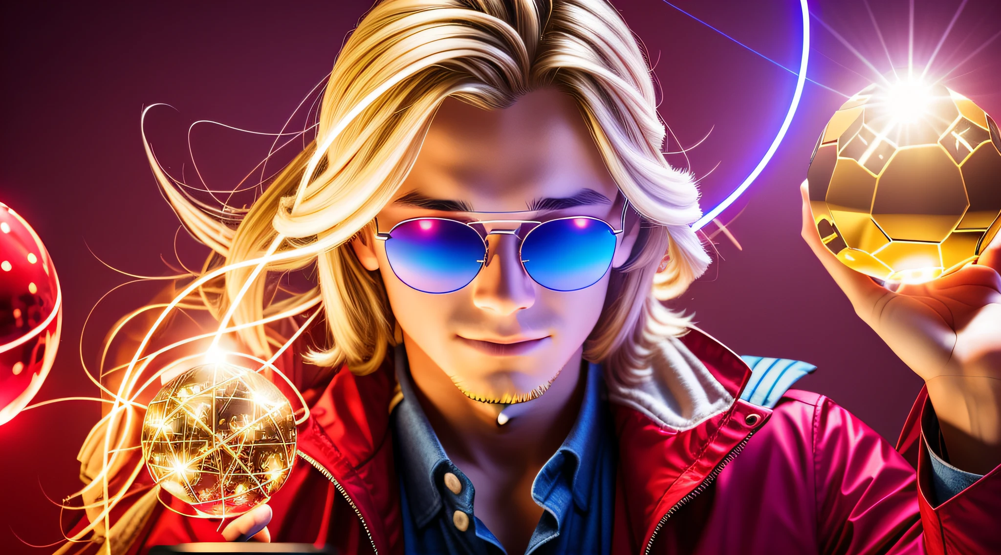 REALISTIC PHOTO, CLOSEUP, LONG BLONDE HAIRED BOY IN RED JACKETS AND SUNGLASSES, holding a glowing ball in his hands, mage pondering his orb, holding a glowing orb of dice, he's casting a lighting spell, holding a glowing orb, holding a crystal ball, psychic, crystal ball, cool marketing photo, stock photo, predicting the future, stock image, plasma globe, well-lit professional photo, magic,