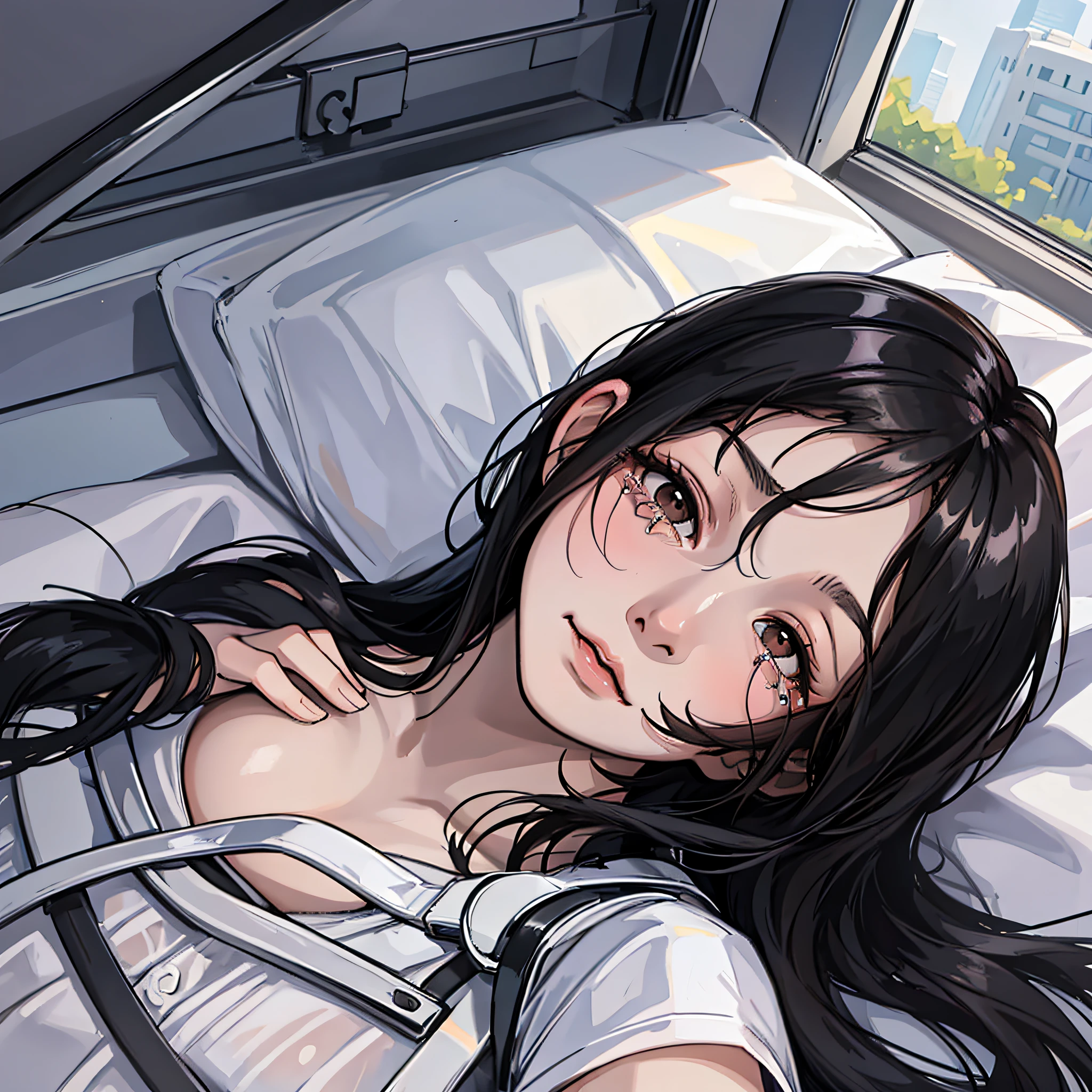 A woman in a white dress (long black hair, pretty,) was lying on a hospital bed, her expression uncomfortable, crying