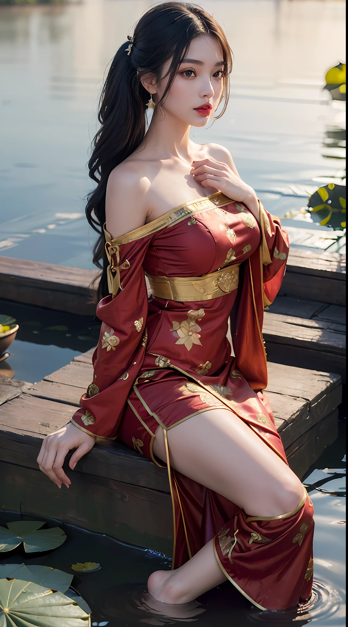 ((top quality, 8k, masterpiece: 1.3)), 1 girl, beauty: 1.2, (random hairstyle), ((lotus pond)), (gaze at loved ones), super detailed face, detailed eyes, double eyelids, very long hair, (((antique clothes)), correct anatomy, perfect body, standing, long legs, red lips, big breasts, sitting, (stars at night), (charming)