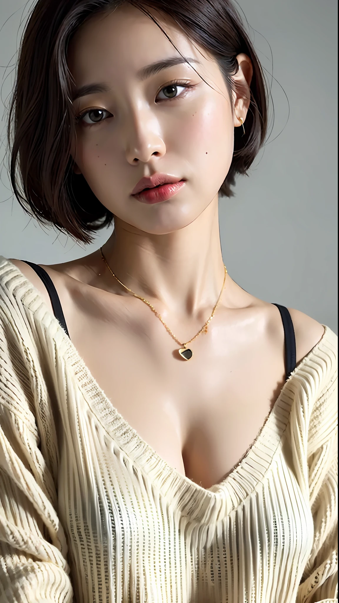 (Best quality, 8k, 32k, Masterpiece, UHD:1.2),Photo of Pretty Japanese woman, large breasts, very short bob hair,upper body,(oversized_sweater,:1.1) necklace, simple background, looking at around