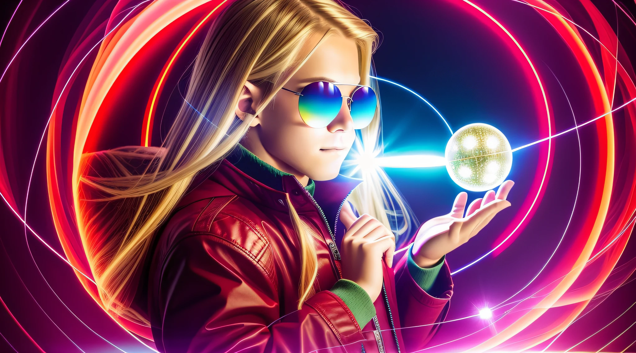 REALISTIC PHOTO, CLOSEUP, LONG BLONDE HAIRED BOY IN RED JACKETS AND SUNGLASSES, holding a glowing ball in his hands, mage pondering his orb, holding a glowing orb of dice, he's casting a lighting spell, holding a glowing orb, holding a crystal ball, psychic, crystal ball, cool marketing photo, stock photo, predicting the future, stock image, plasma globe, well-lit professional photo, magic, GREEN MAGIC FIRE BACKGROUND,