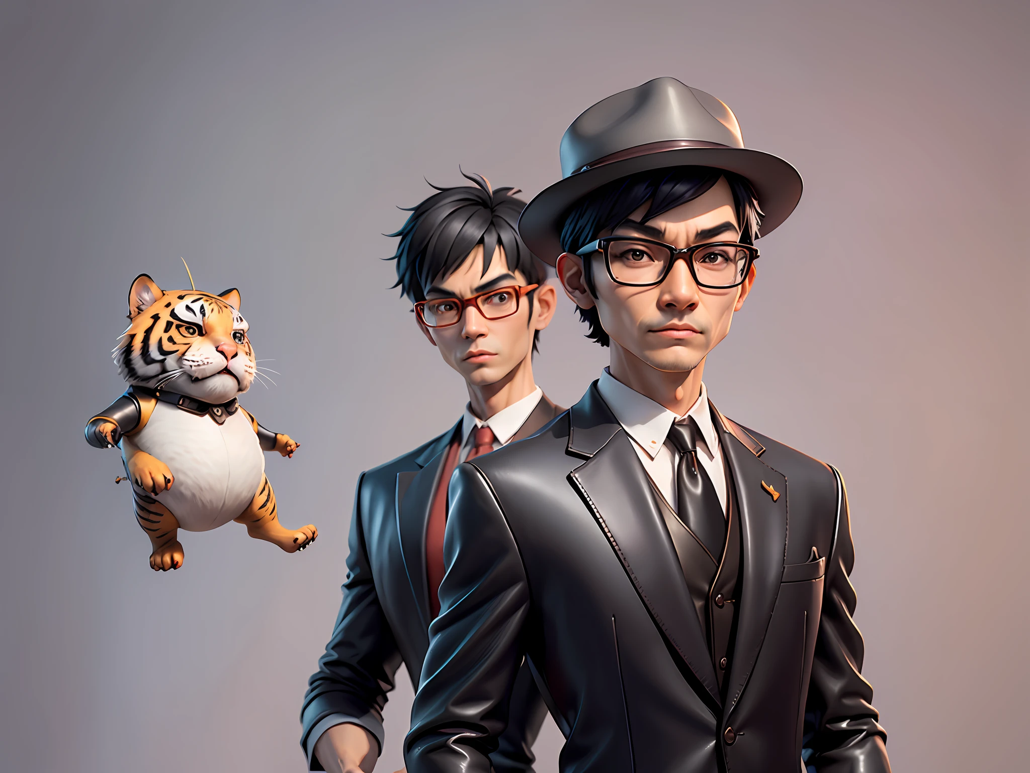 Young man with oriental face in leather hat, tiger, oriental face in formal suit, short black hair, silver glasses, digital painting, 3D character design by Mark Clairedon and Pixar and Hayao Miyazaki and Akira Toriyama, the illustration is a high-definition illustration in 4K resolution with very detailed facial features and cartoon-style visuals.