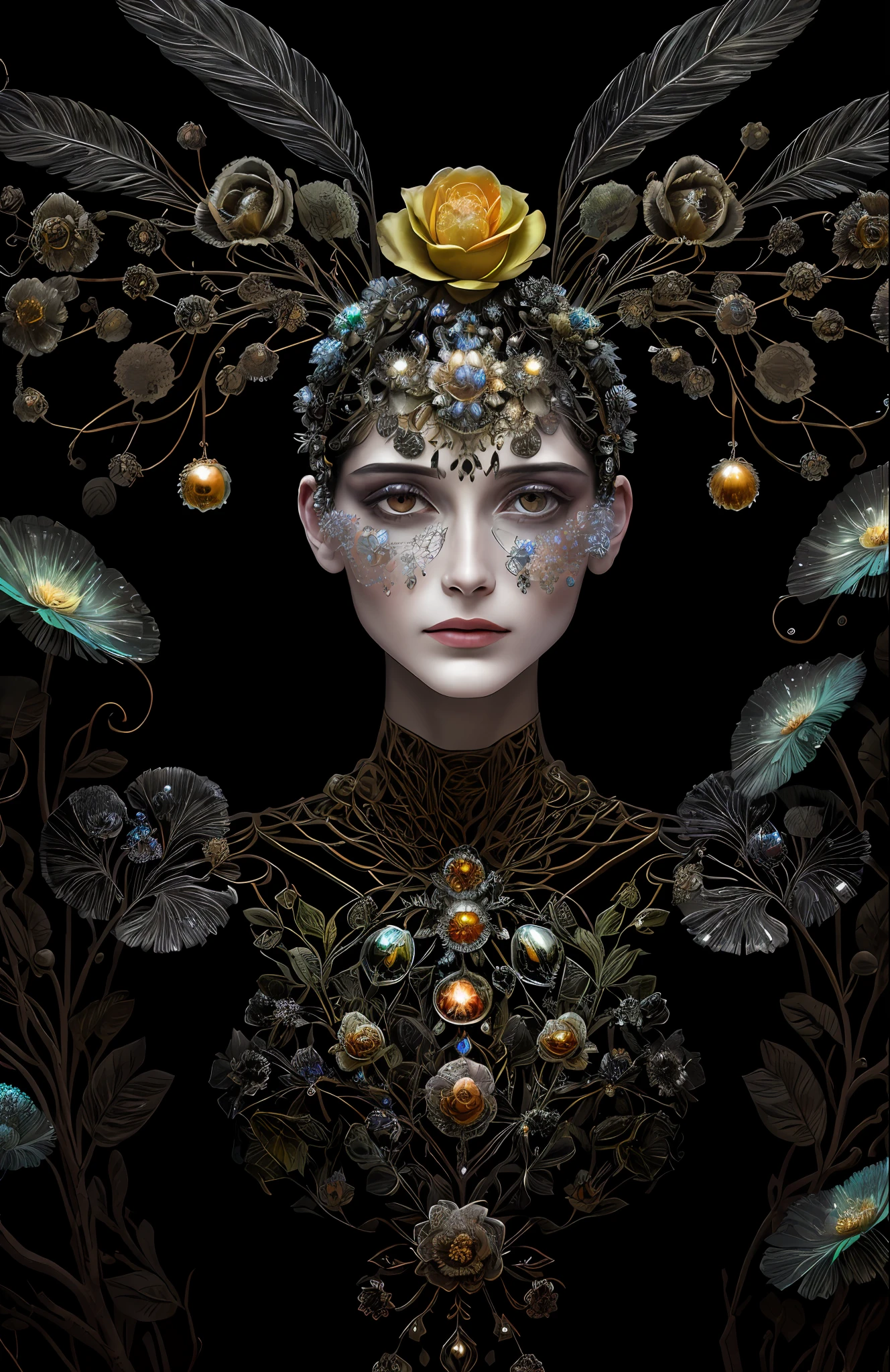 "Rosen maiden, (masterpiece, best quality), (illustration), strange fungal disease dense forest, transparent sticky substance, caustics, crystals, close-up, intricate details, dark background, sparkling spores, rainbow crystals, darkness", made of metal, cyborg: 1.1, [detailed wire]: 1.3, (complex details), HDR, (complex details, hyperdetailed: 1.2),