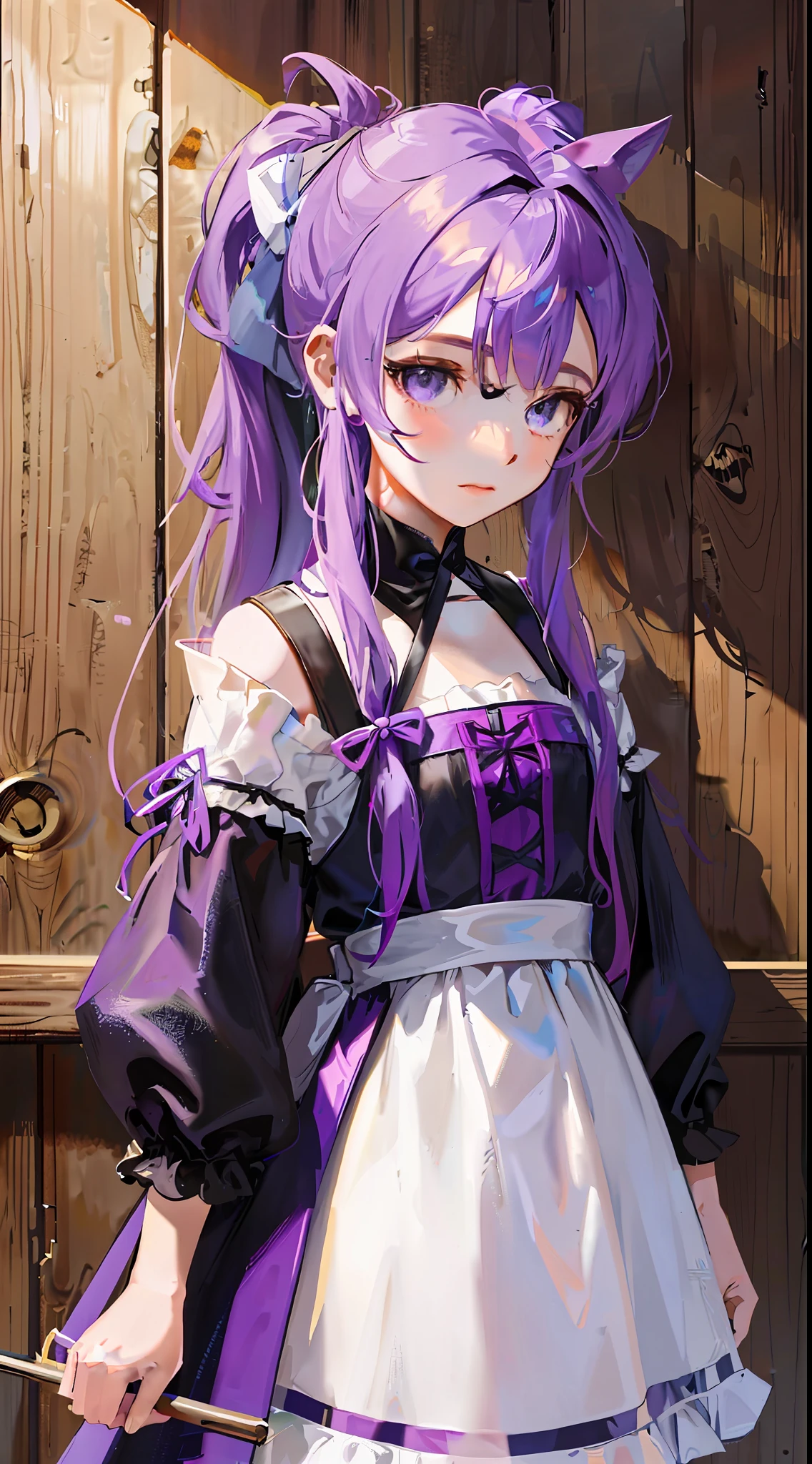 A girl in a dress is standing, a wooden fence, hair tied in two ponytails, purple headbands,
