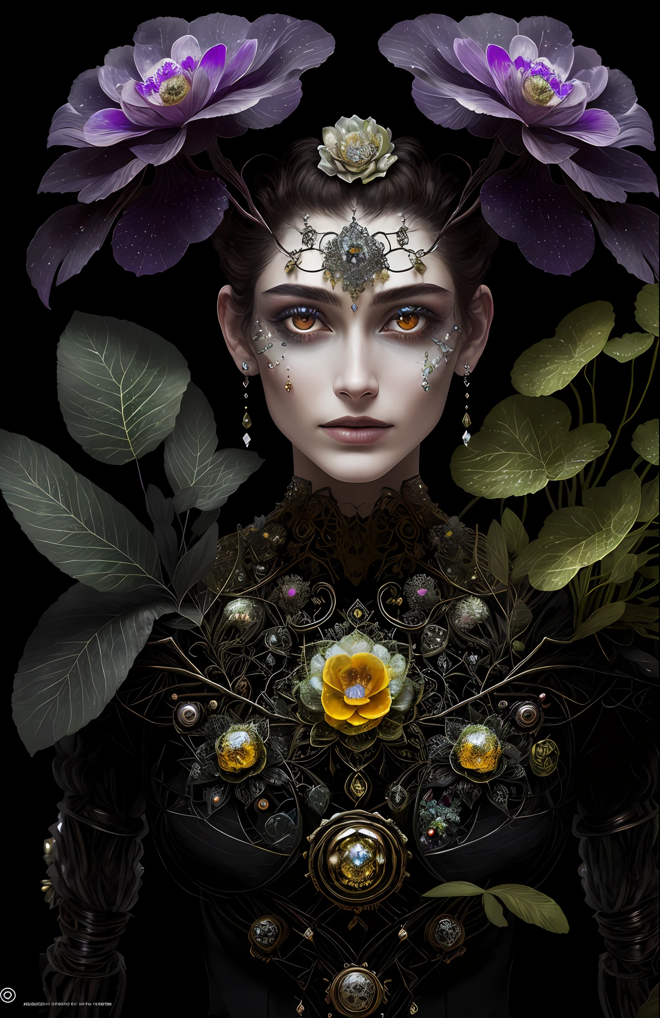 "Rosen maiden, (masterpiece, best quality), (illustration), strange fungal disease dense forest, transparent sticky substance, caustics, crystals, close-up, intricate details, dark background, sparkling spores, rainbow crystals, darkness", made of metal, cyborg: 1.1, [detailed wire]: 1.3, (complex details), HDR, (complex details, hyperdetailed: 1.2),