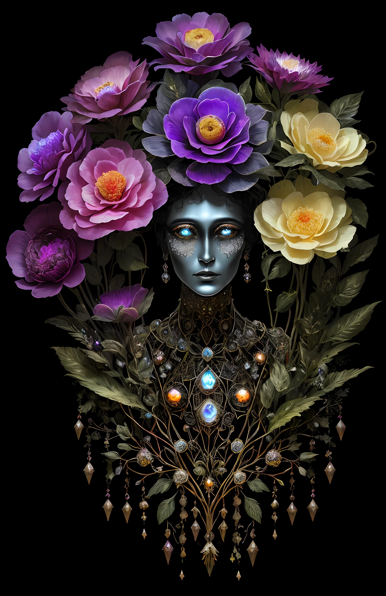 "Rosen maiden, (masterpiece, best quality), (illustration), strange fungal disease dense forest, transparent sticky substance, caustics, crystals, close-up, intricate details, dark background, sparkling spores, rainbow crystals, darkness", made of metal, cyborg: 1.1, [detailed wire]: 1.3, (complex details), HDR, (complex details, hyperdetailed: 1.2),