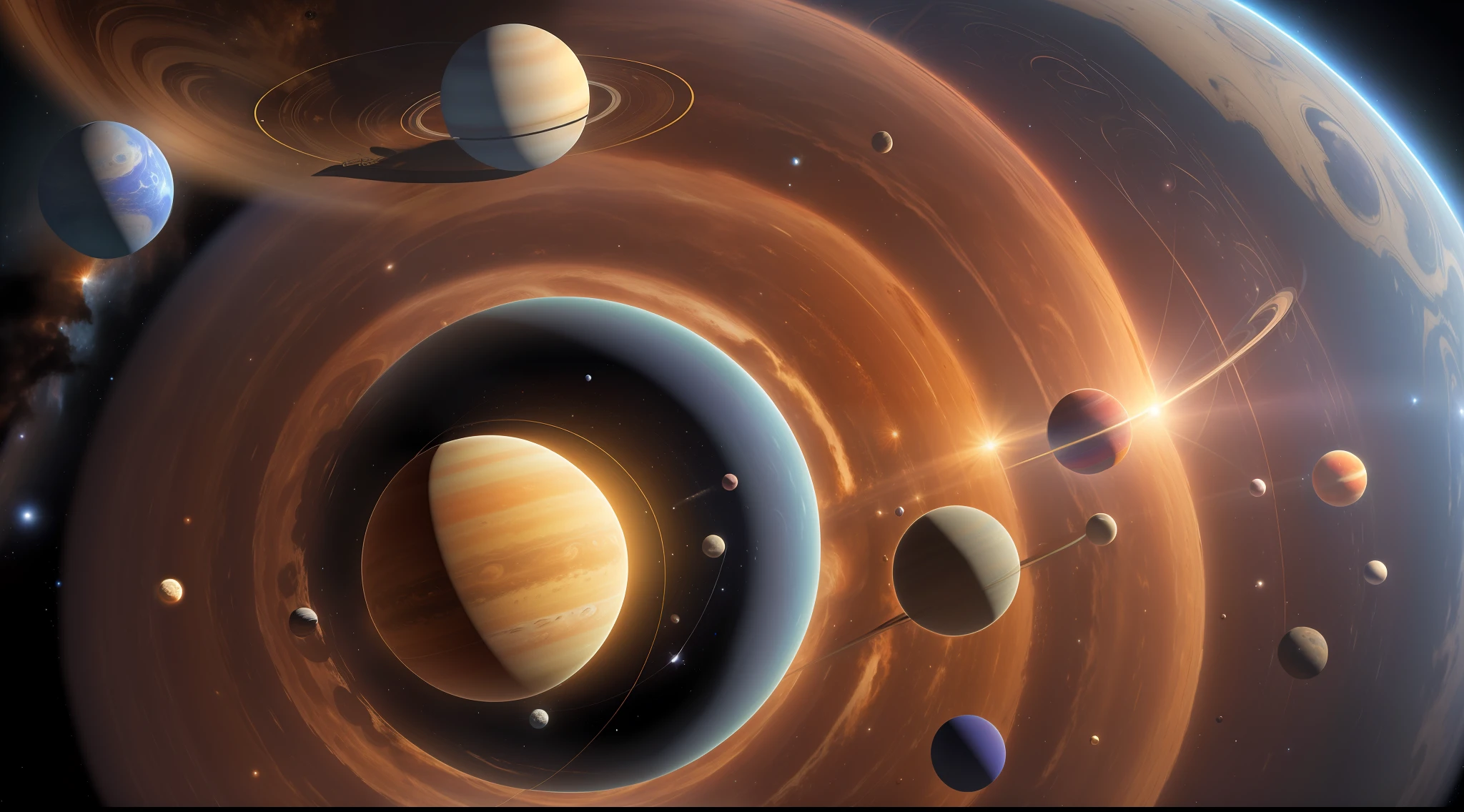 A composite image of our solar system, with the majestic Sun at the center and the planets in their orbits. This image provides a sense of scale and invites viewers to reflect on our place within the vast cosmic neighborhood we call home.
