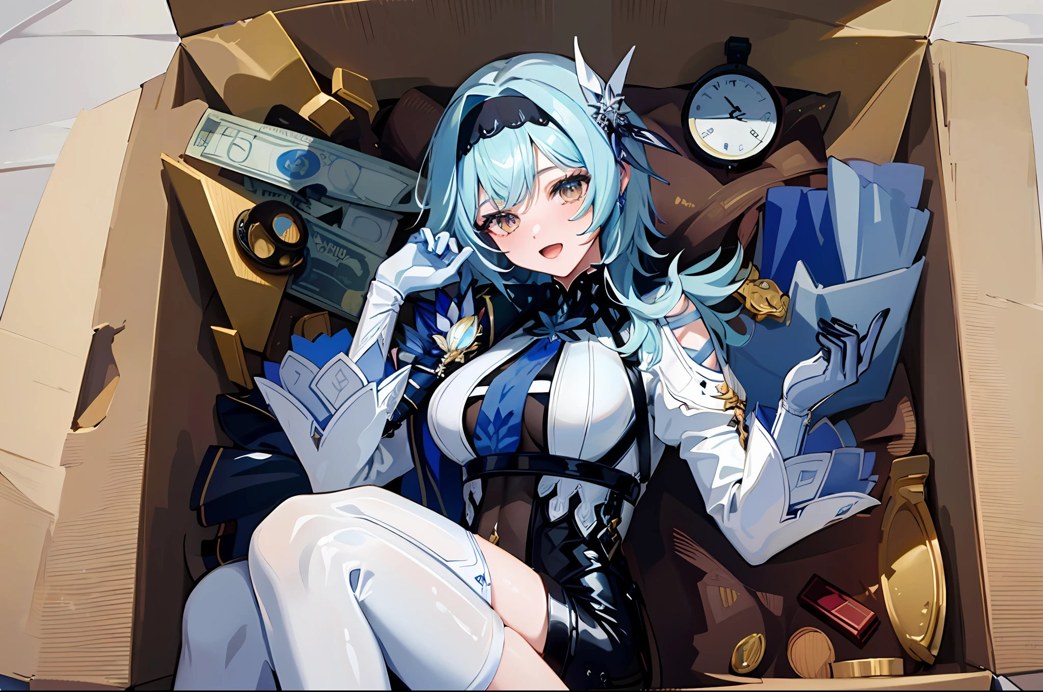 (masterpiece, top quality, best quality, official art, beautiful and aesthetic:1.2),(8k, best quality, masterpiece:1.2), there is a woman sitting in a box full of money and diamod, facial expressions that are so sexy and seductive, the color of the box is blue, the contents of the box are primogem ghenshin impact, open smiling mouth, sad expression