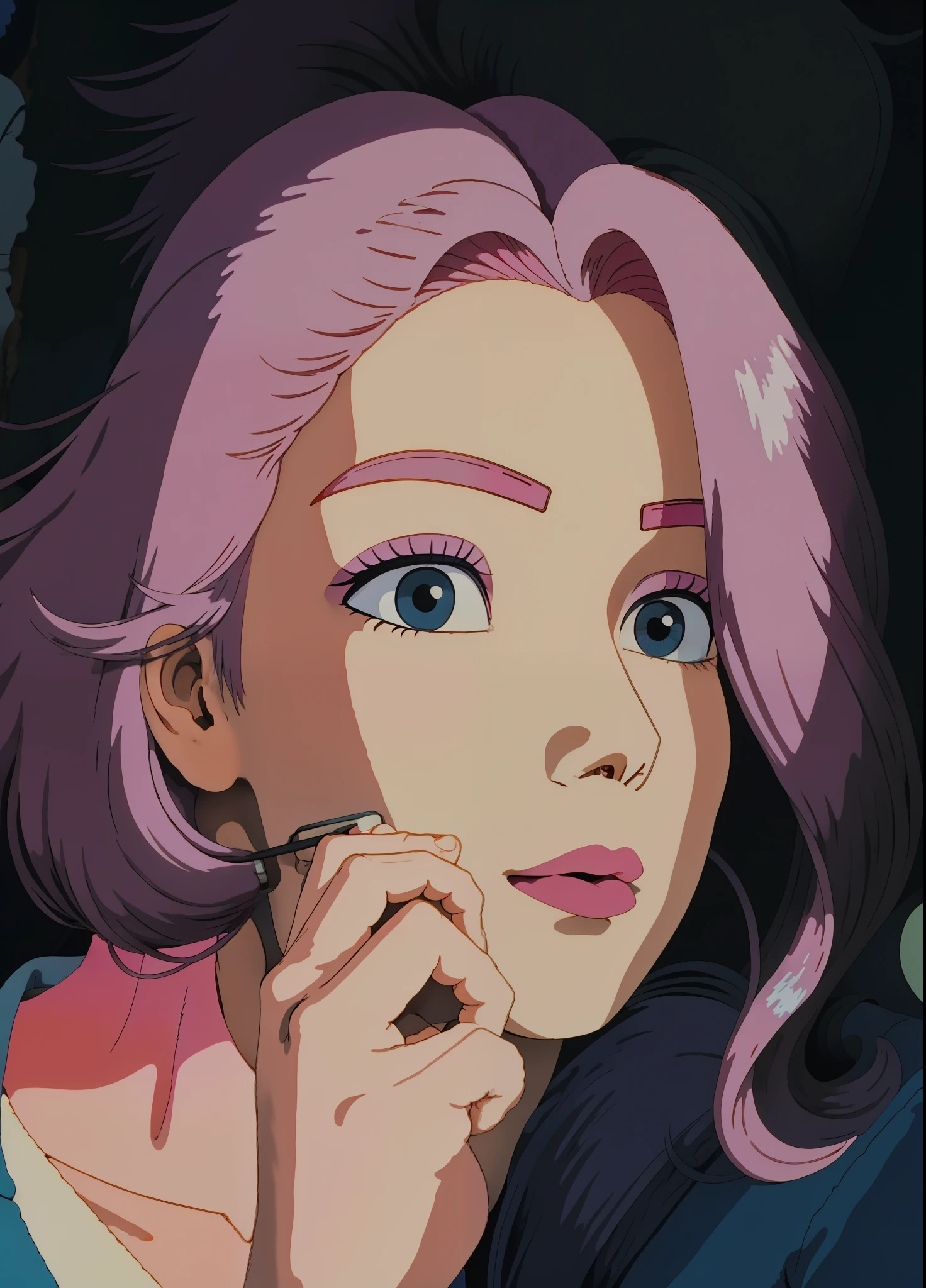 woman with pink hair and black root on top,a blue shirt posing for a photo, profile picture, art Studio ghibli vintage anime ????, VISIBLE BLACK ROOT