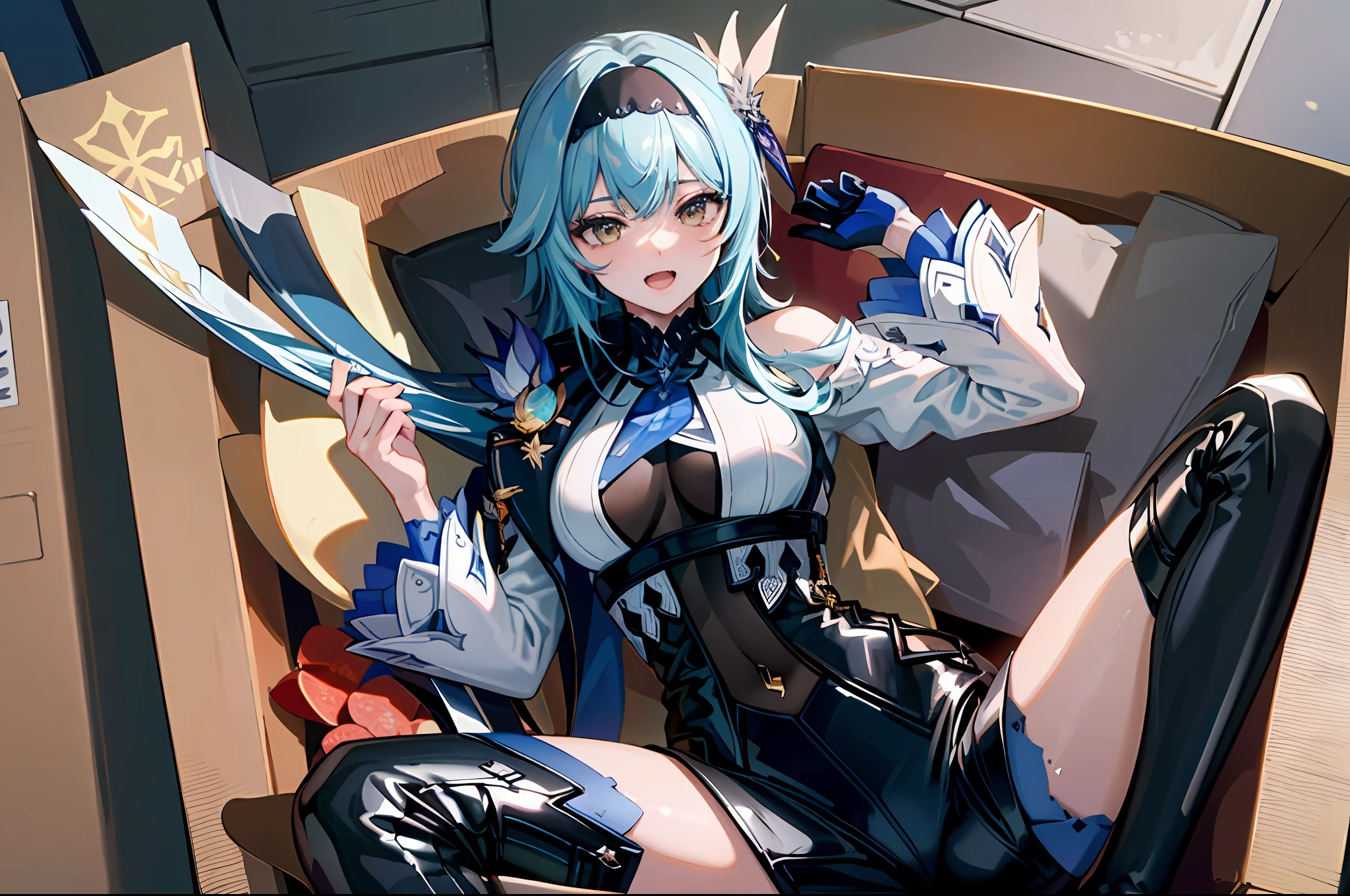 (masterpiece, top quality, best quality, official art, beautiful and aesthetic:1.2),(8k, best quality, masterpiece:1.2), there is a woman sitting in a box full of money and diamod, facial expressions that are so sexy and seductive, the color of the box is blue, the contents of the box are primogem ghenshin impact, open smiling mouth, sad expression