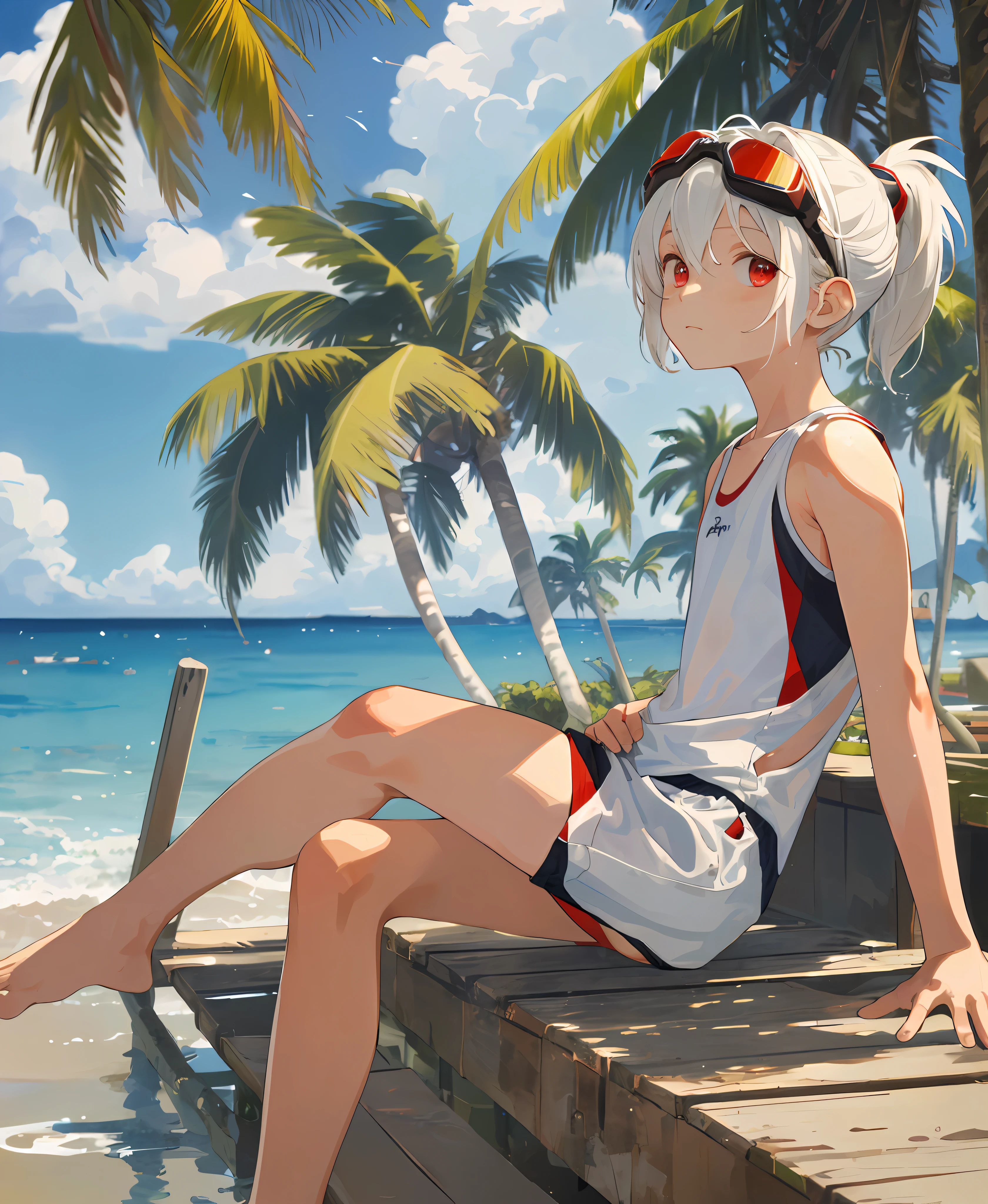 (masterpiece, best quality, high quality), 1 boy, ((unmoved)), sitting, looking at the audience, white hair, (short hair, with ponytail), red eyes, :(, flowing hair, seaside, bare upper body, with goggles, swimsuit shorts, palm trees,