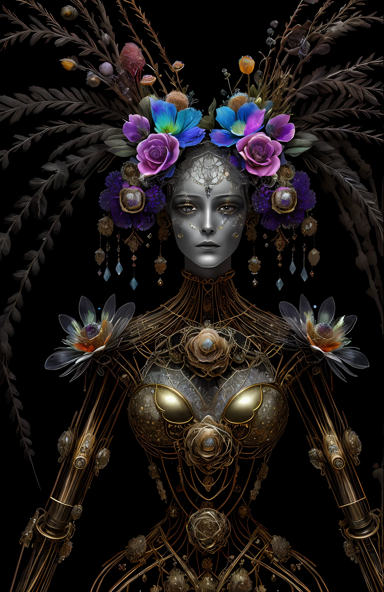 "Rosen maiden, (masterpiece, best quality), (illustration), strange fungal disease dense forest, transparent sticky substance, caustics, crystals, close-up, intricate details, dark background, sparkling spores, rainbow crystals, darkness", made of metal, cyborg: 1.1, [detailed wire]: 1.3, (complex details), HDR, (complex details, hyperdetailed: 1.2),