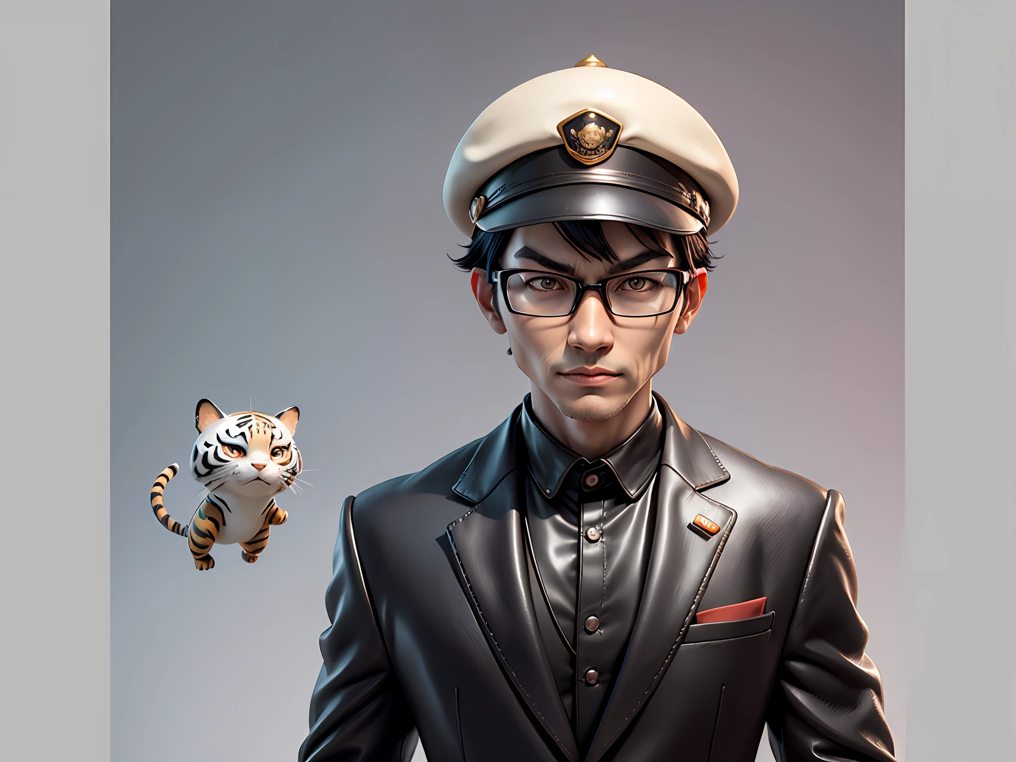 Young man with oriental face in leather hat, tiger, oriental face in formal suit, short black hair, silver glasses, digital painting, 3D character design by Mark Clairedon and Pixar and Hayao Miyazaki and Akira Toriyama, the illustration is a high-definition illustration in 4K resolution with very detailed facial features and cartoon-style visuals.