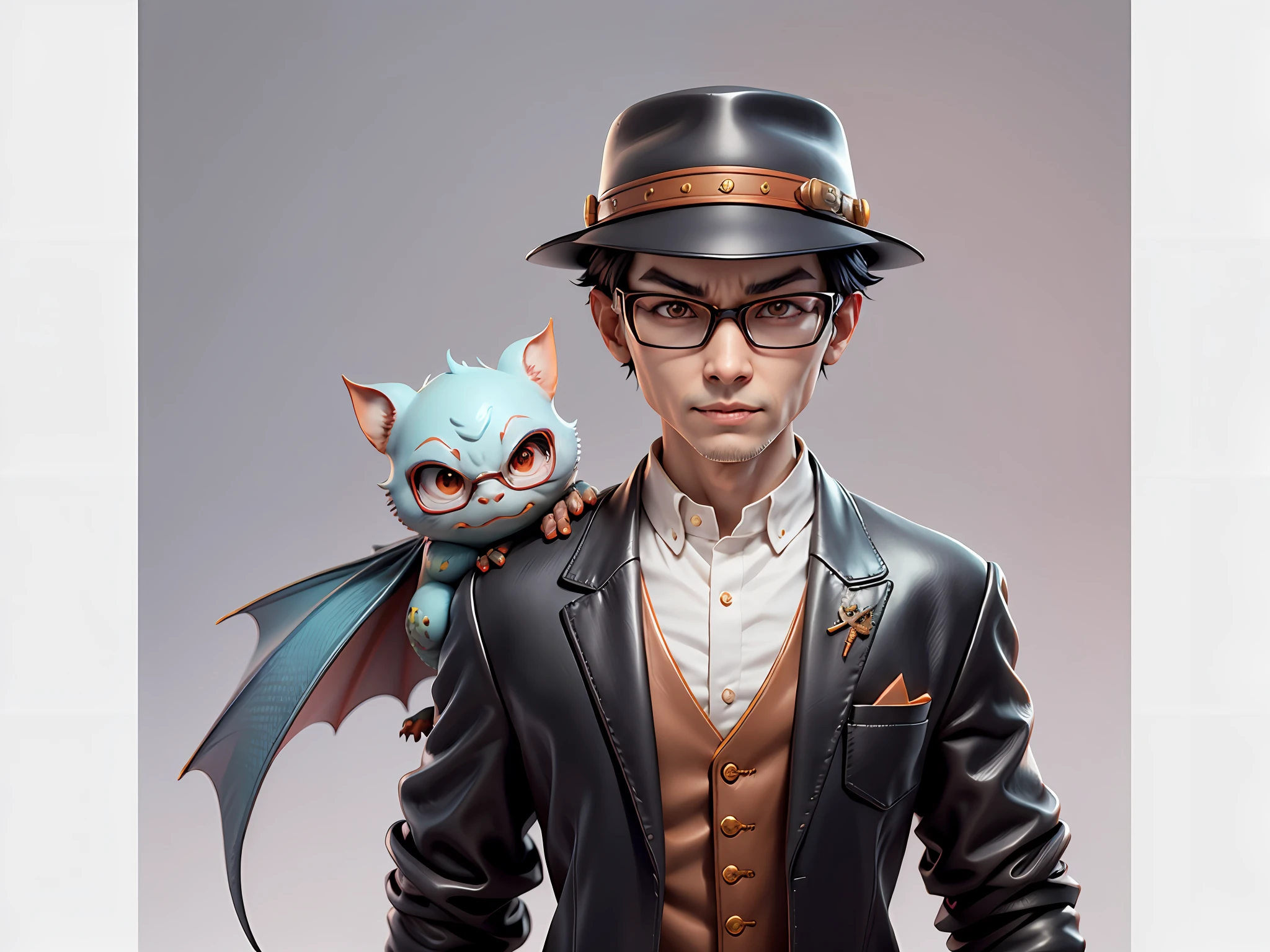 Young man with oriental face in leather hat, dragon, formal suit, short black hair, silver glasses, digital painting, 3D character design by Mark Clairedon and Pixar and Hayao Miyazaki and Akira Toriyama, the illustration is a high-definition illustration in 4K resolution with very detailed facial features and cartoon-style visuals.