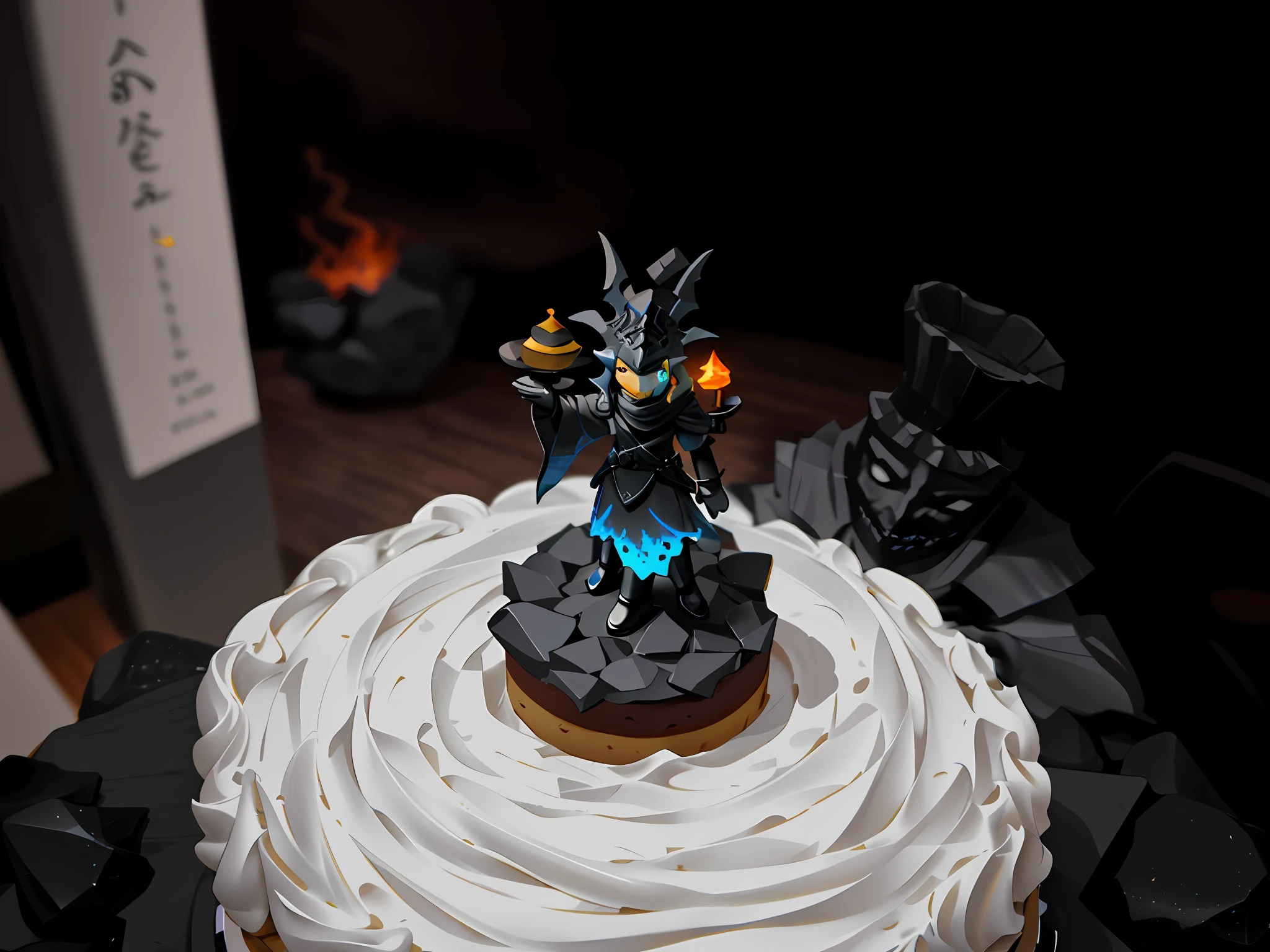 there is a cake with a small figure on top of it, heavy jpeg artifact blurry, black rock statue material, roshan, tiny firespitter, :3, mini figure, tiny statue on display, frontshot, rock monster, lava!!!, stone golem, lich king, 1 figure only, the lich king, heavy vignette!