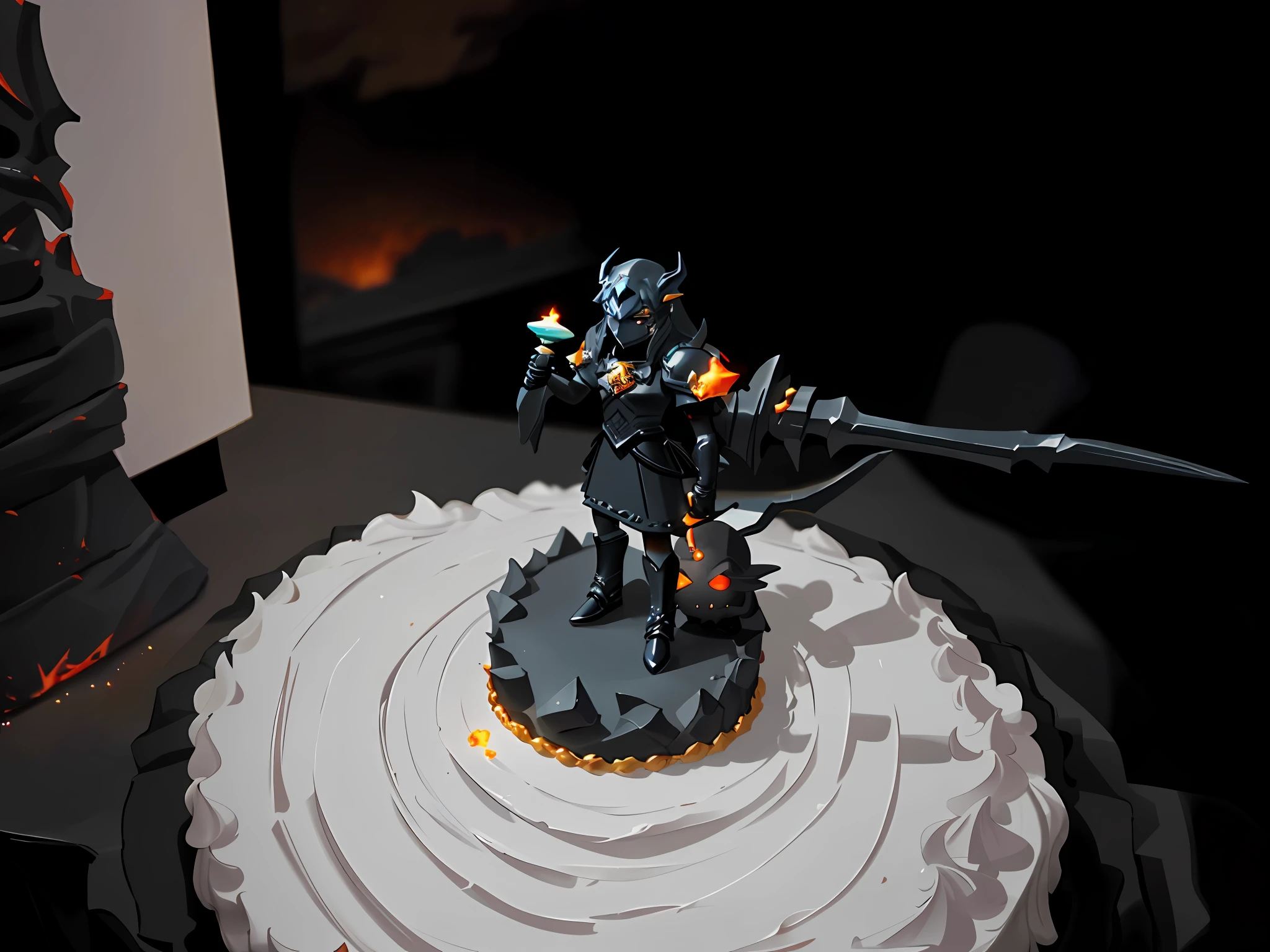there is a cake with a small figure on top of it, heavy jpeg artifact blurry, black rock statue material, roshan, tiny firespitter, :3, mini figure, tiny statue on display, frontshot, rock monster, lava!!!, stone golem, lich king, 1 figure only, the lich king, heavy vignette!
