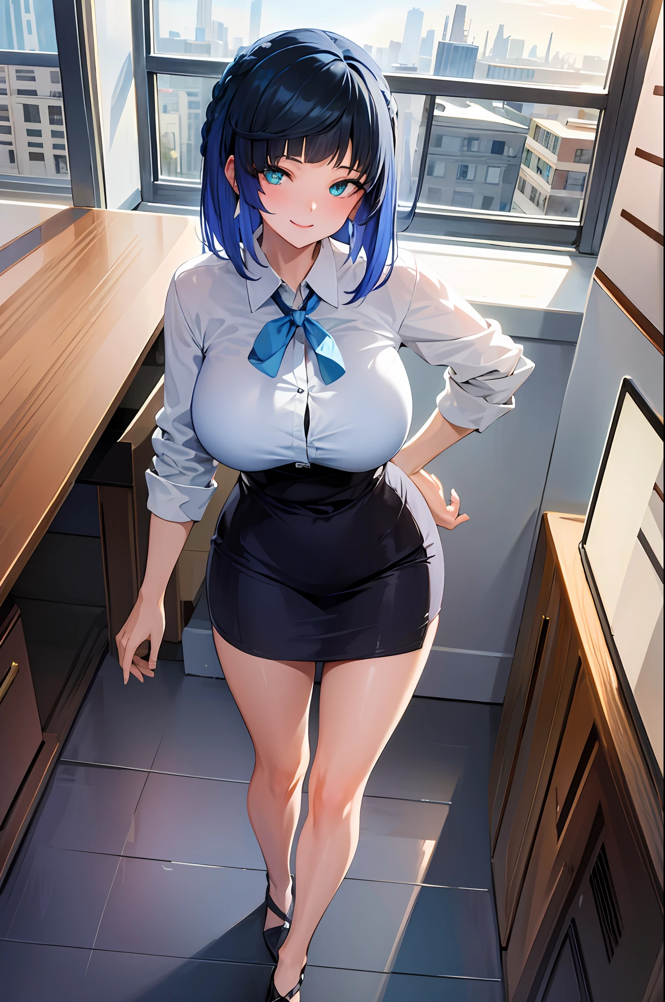 ((masterpiece, best quality)), (1girl),((mature female)), blue hair, ((office lady )),bangs,middle breast,(busty),slim,smile, [wide hips],office,standing