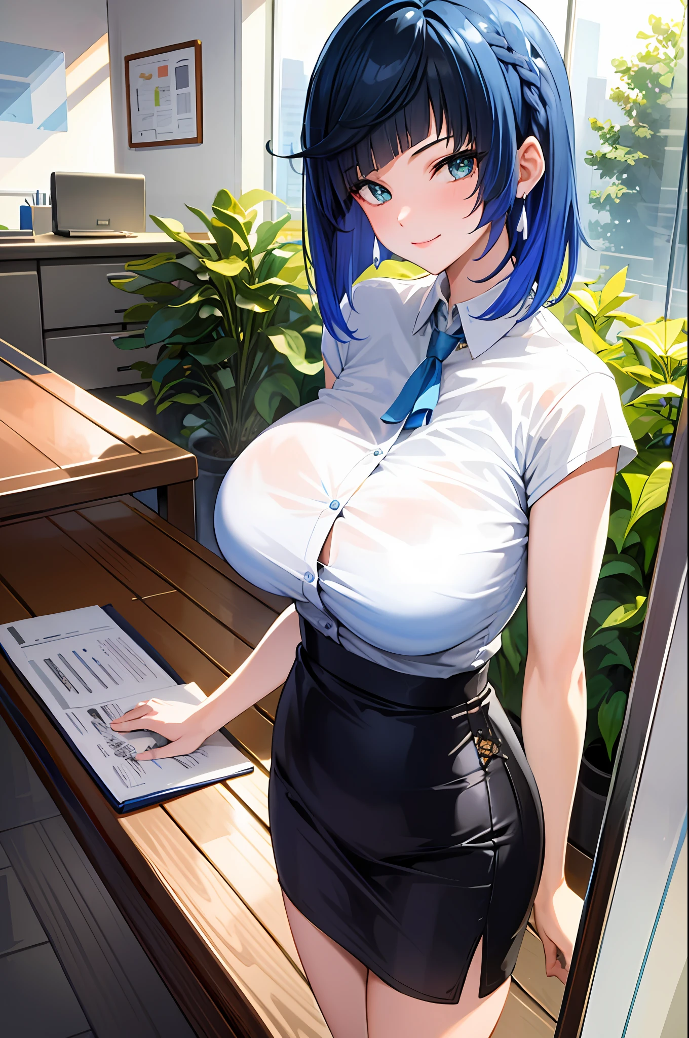 ((masterpiece, best quality)), (1girl),((mature female)), blue hair, ((office lady )),bangs,middle breast,(busty),slim,smile, [wide hips],office,standing