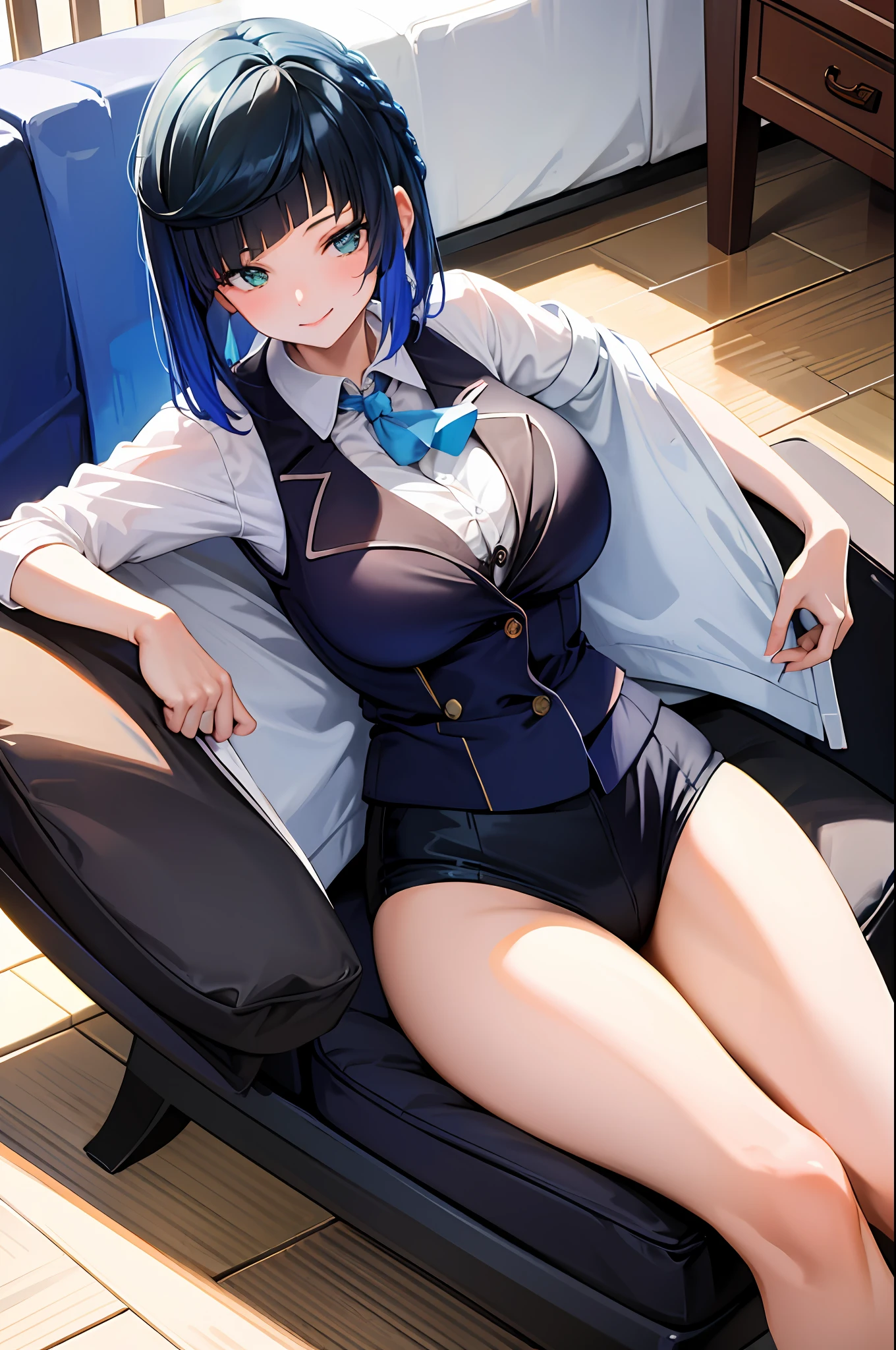 ((masterpiece, best quality)), (1girl),((mature female)), blue hair, ((office lady )),bangs,middle breast,(busty),slim,smile, [wide hips],office,standing, sleeping on the couch