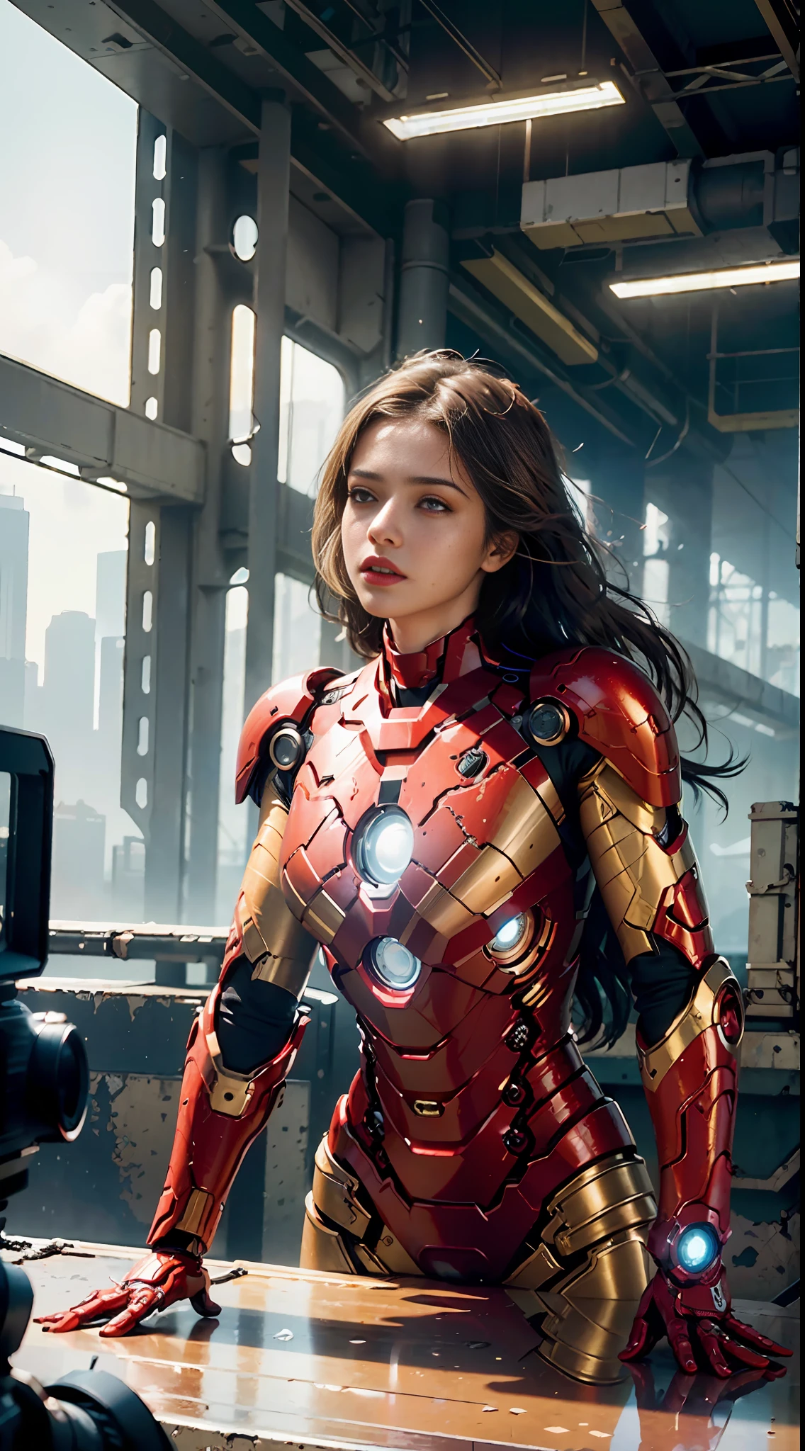 RAW, Masterpiece, Ultra Fine Photo,, Best Quality, Ultra High Resolution, Photorealistic, Sunlight, Full Body Portrait, Stunningly Beautiful,, Dynamic Poses, Delicate Face, Vibrant Eyes, (Side View) , she is wearing a futuristic Iron Man mech, red and gold color scheme, highly detailed abandoned warehouse background, detailed face, detailed and complex busy background, messy, gorgeous, milky white, high detailed skin, realistic skin details, visible pores , sharp focus, volumetric fog, 8k uhd, dslr camera, high quality, film grain, fair skin, photorealism, lomography, sprawling metropolis in futuristic dystopia, view from below, translucent