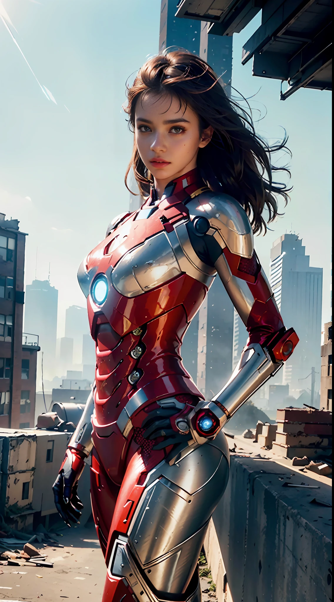 RAW, Masterpiece, Ultra Fine Photo,, Best Quality, Ultra High Resolution, Photorealistic, Sunlight, Full Body Portrait, Stunningly Beautiful,, Dynamic Poses, Delicate Face, Vibrant Eyes, (Side View) , she is wearing a futuristic Iron Man mech, red and gold color scheme, highly detailed abandoned warehouse background, detailed face, detailed and complex busy background, messy, gorgeous, milky white, high detailed skin, realistic skin details, visible pores , sharp focus, volumetric fog, 8k uhd, dslr camera, high quality, film grain, fair skin, photorealism, lomography, sprawling metropolis in futuristic dystopia, view from below, translucent