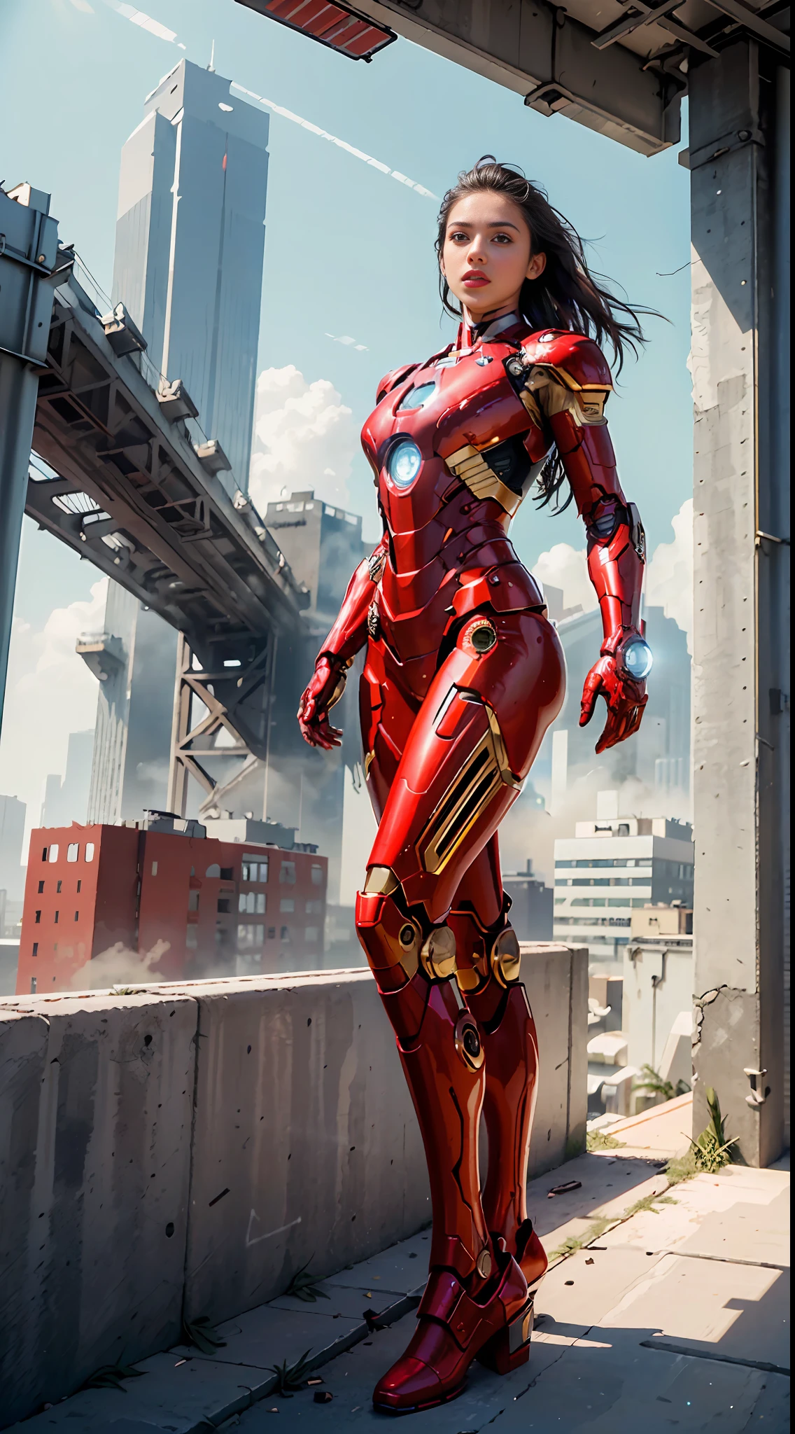 RAW, Masterpiece, Ultra Fine Photo,, Best Quality, Ultra High Resolution, Photorealistic, Sunlight, Full Body Portrait, Stunningly Beautiful,, Dynamic Poses, Delicate Face, Vibrant Eyes, (Side View) , she is wearing a futuristic Iron Man mech, red and gold color scheme, highly detailed abandoned warehouse background, detailed face, detailed and complex busy background, messy, gorgeous, milky white, high detailed skin, realistic skin details, visible pores , sharp focus, volumetric fog, 8k uhd, dslr camera, high quality, film grain, fair skin, photorealism, lomography, sprawling metropolis in futuristic dystopia, view from below, translucent
