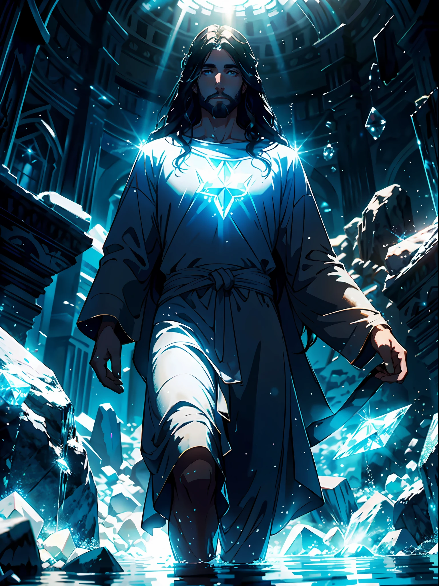 jesus in his divine form, walking on water, crystals of light around the body, little lighting scenery, well detained, high quality