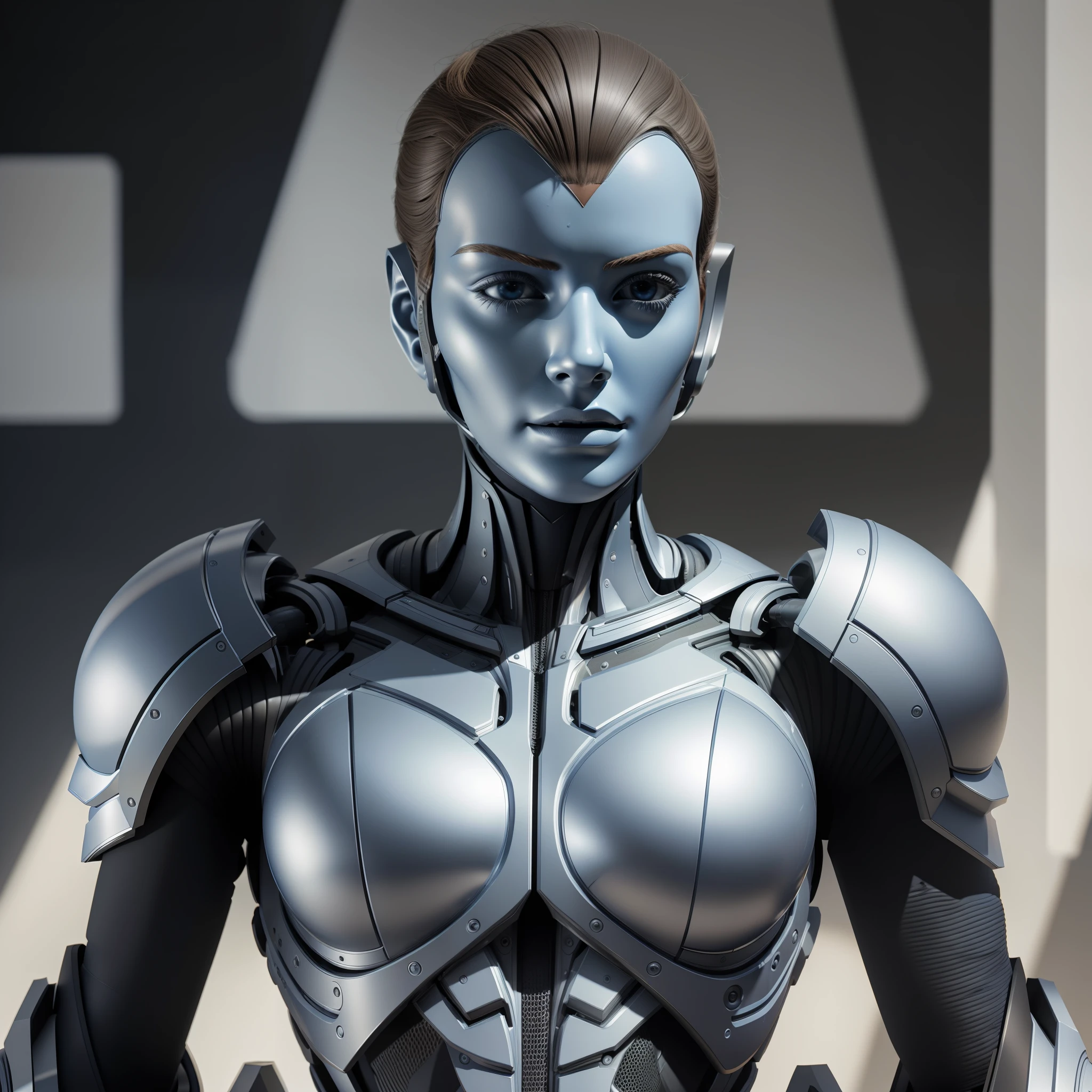 (Masterpiece) Excellent quality, ultra detailed, ultra-realistic android man with high-tech exoskeleton up to the neck, humanoid face in medium plane, 3D, hyper-realistic, enhanced shadows, perfect lighting, futuristic background in shades of blue and white, sophisticated technological environment.