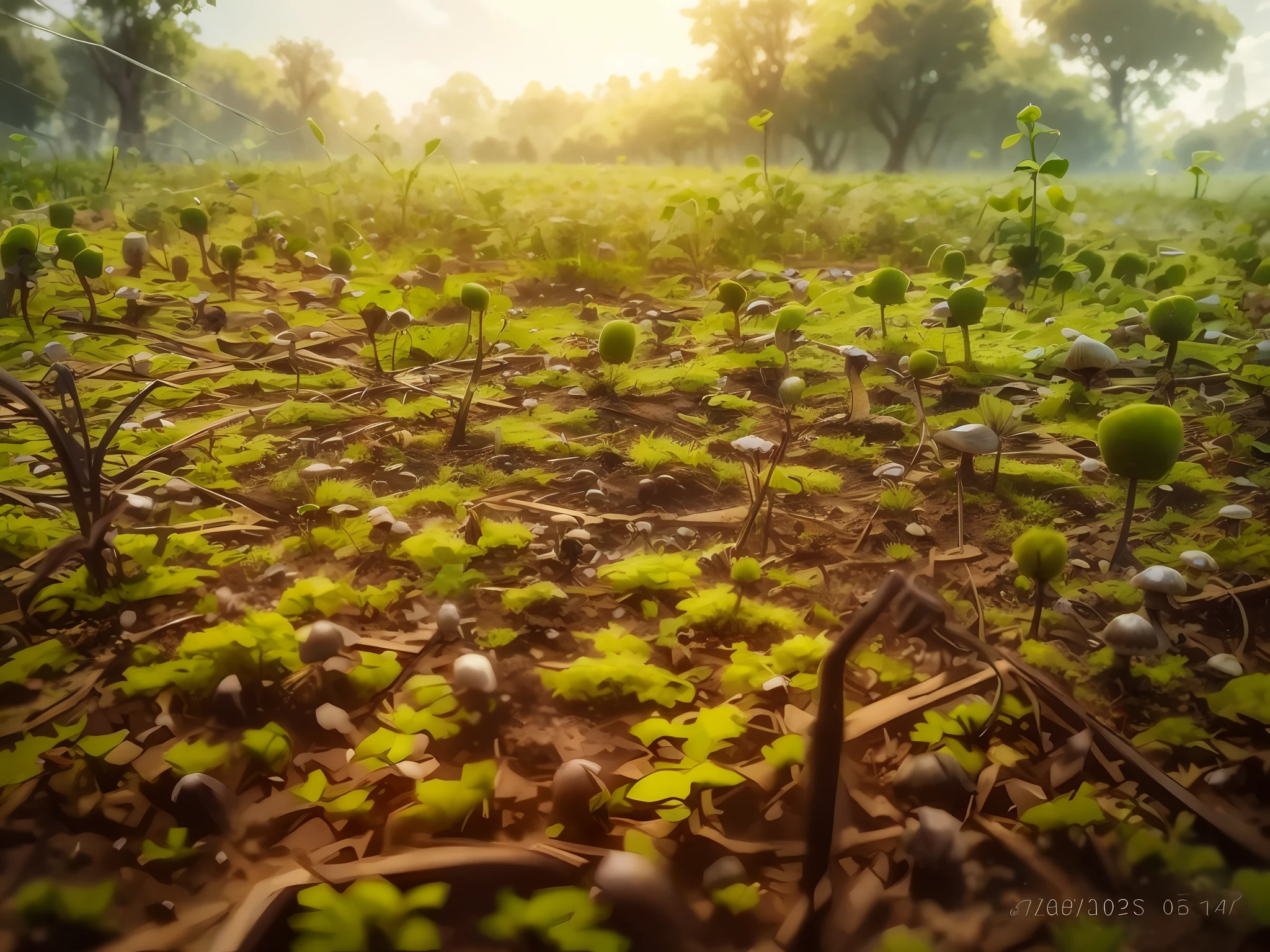 there is a field with a bunch of plants growing in it, ground covered in maggots, tiny wires on the ground. narrow, sprouting, ground perspective, sparse plants, moshrooms on ground, nitrogen-rich soil, humid ground, greenery growing, wet ground, forest floor, ant perspective, infested with pitch green, mushrooms on the ground