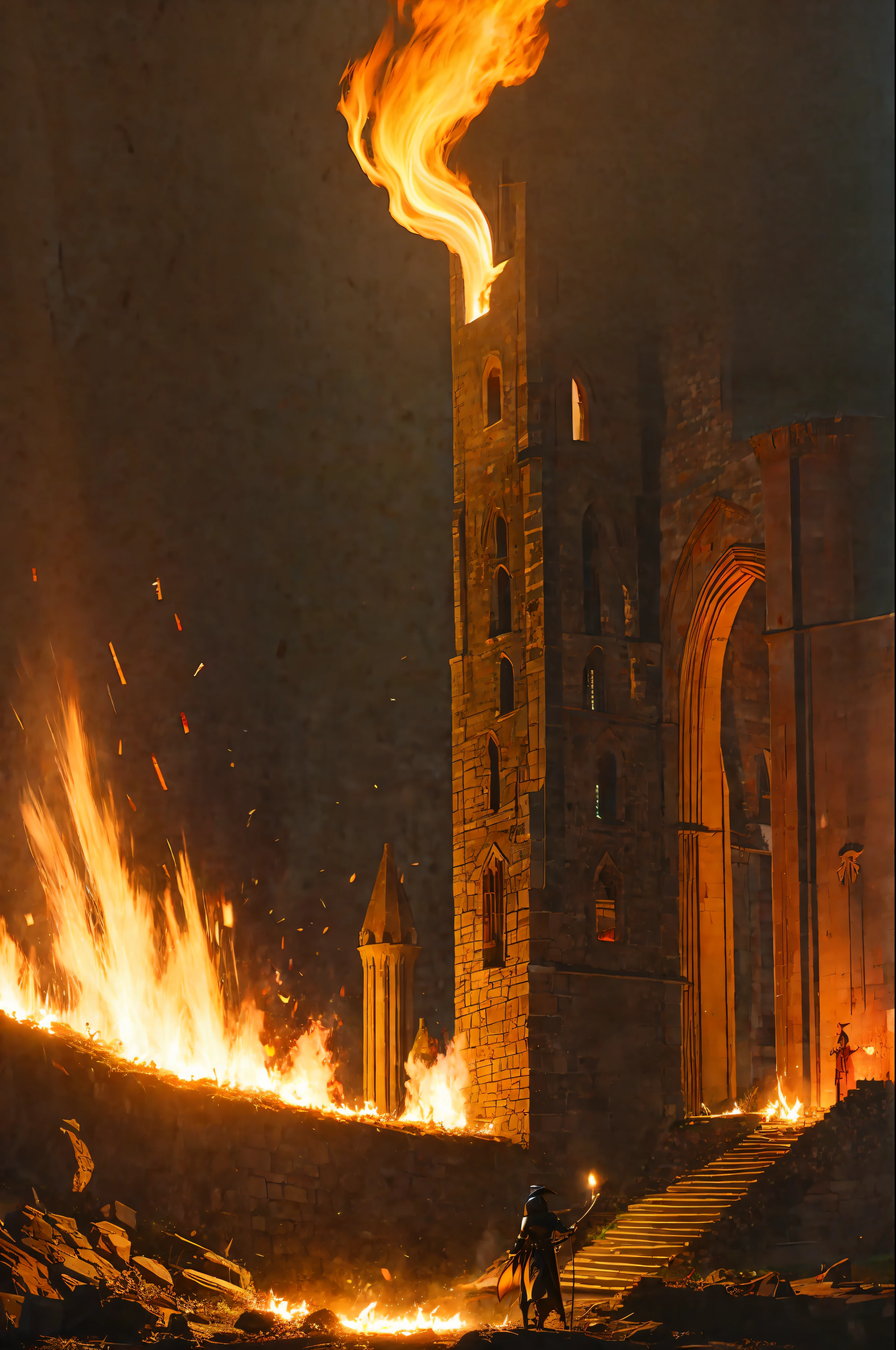 medieval tower, darkness, darkness, fire, a defeated knight, dark