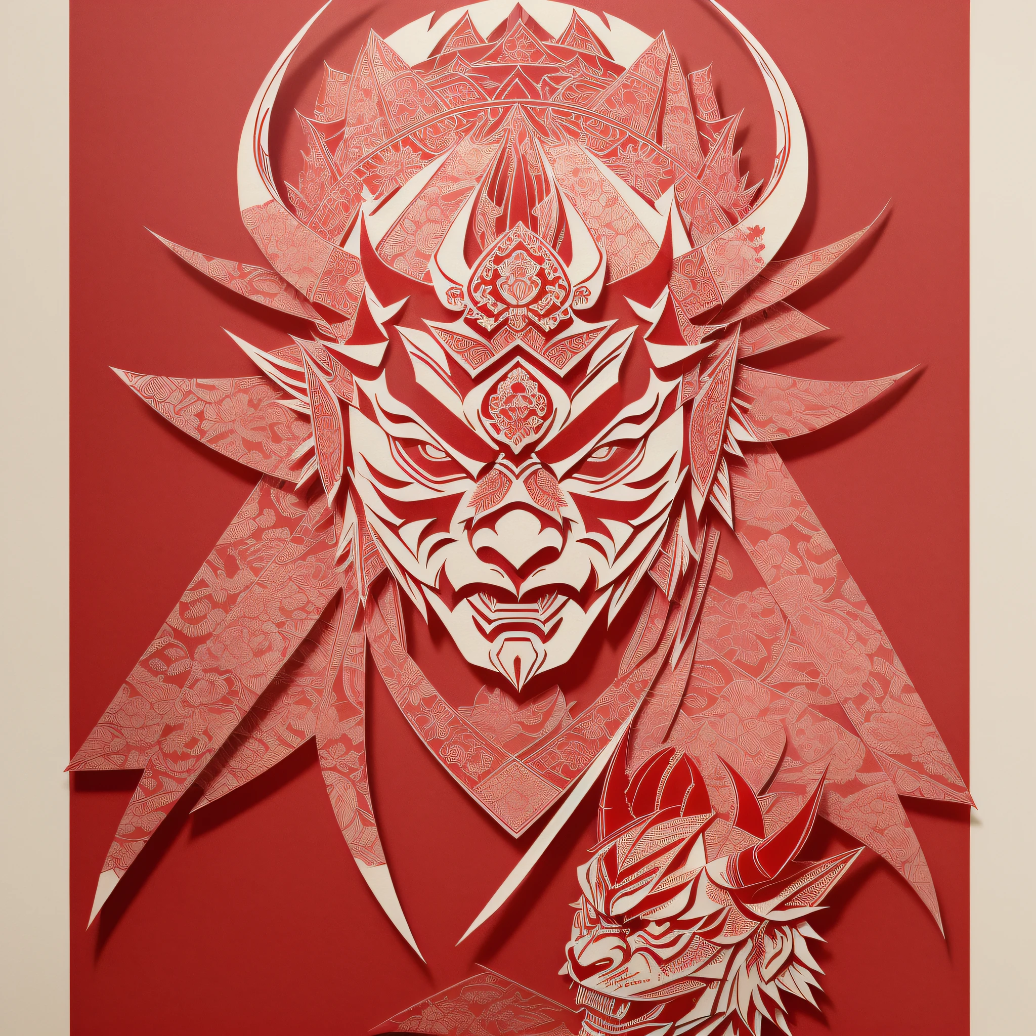 ((Oni Hannya)), (((masterpiece)))), best quality, ((Kirigami's Japanese paper cutting art)), ((Japanese paper cutting)), ((complicated paper cutting with many layers of paper)), ((each paper layer with shadows)), red background paper, unique color on each paper layer, frontal, (detailed Japanese tamon samurai mask)