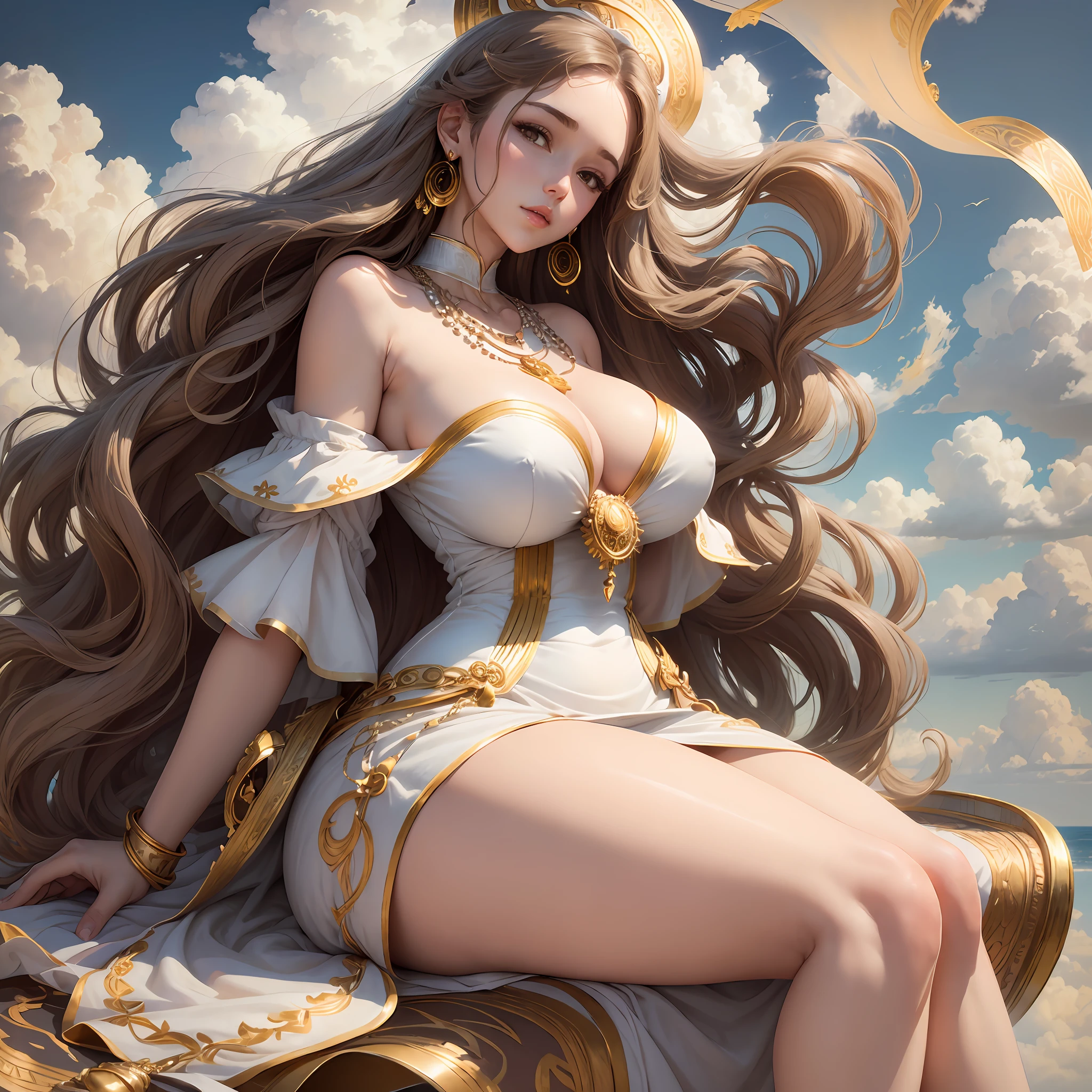 (Woman) young, (full body) wide hips and large breasts, (short dress) white coloration and gold embroidery on the edges, (wavy and long brown hair), (earrings), (necklaces), (landscape) clouds, clear sky with a beautiful sun, (body position) sitting on top of the clouds with her beautiful hands leaning against the clouds, (beautiful face). --auto --s2