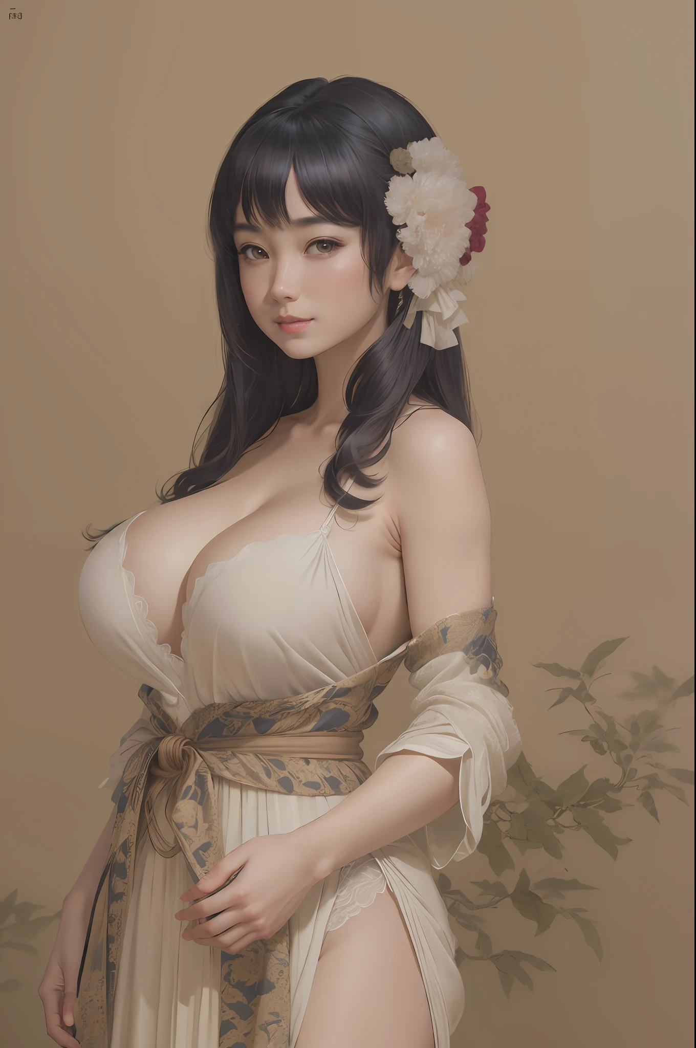 masterpiece, best quality, official art, 8k wallpaper, highly detailed, illustration, 1 girl, (solo:1.4), (large breasts, Showing Cleavage:1.2) black hair, long hair, detailed eyes, bamboo forrest, bare shoulders, lakes, pure, soft smile, gigantic cleavage breasts