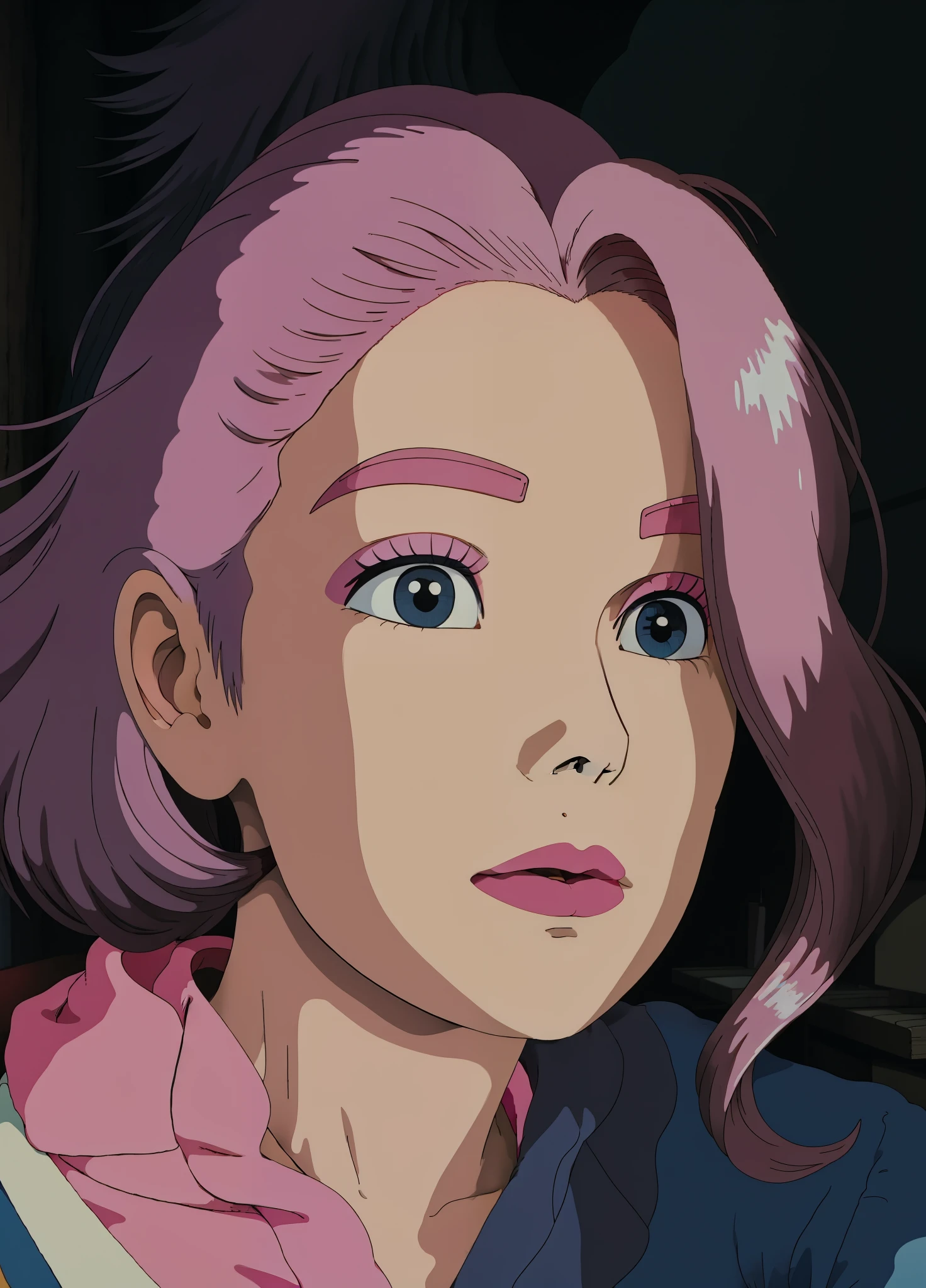 woman with pink hair and black root on top,a blue shirt posing for a photo, profile picture, art Studio ghibli vintage anime 1989, VISIBLE BLACK ROOT, looking at camera pouting