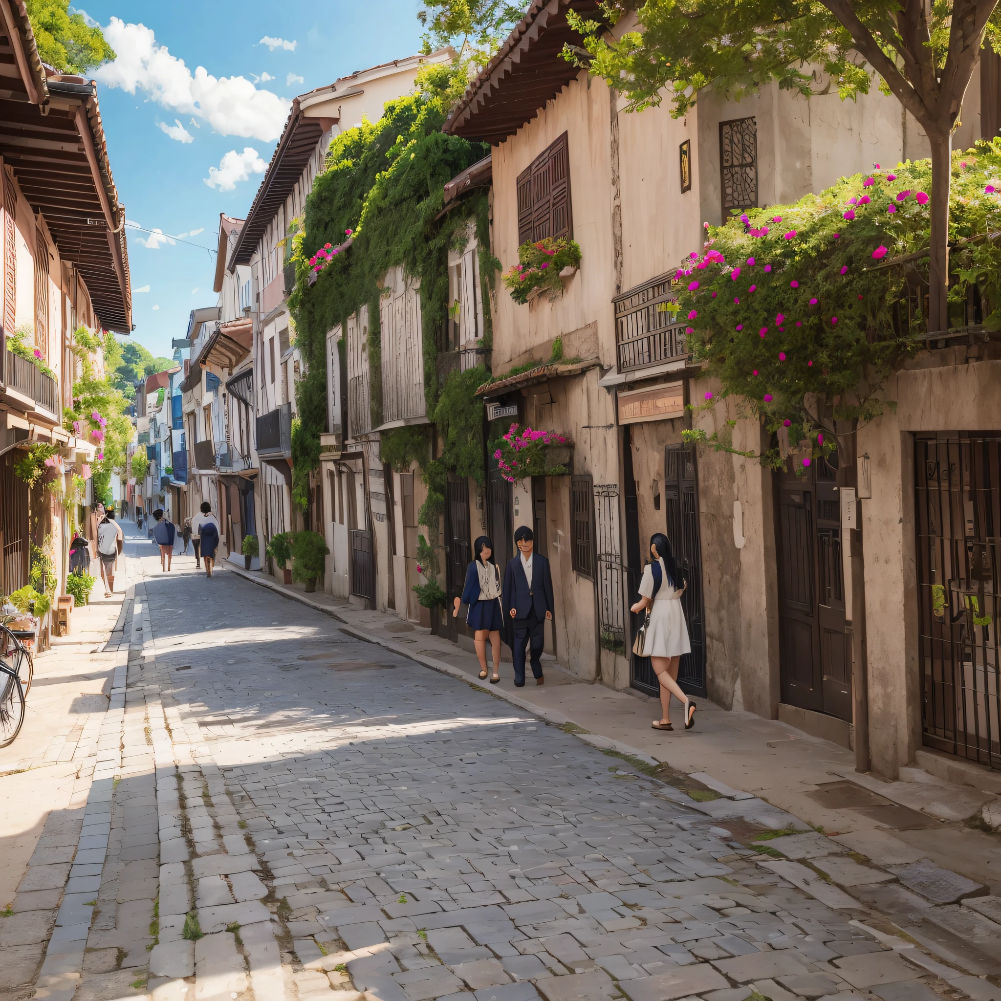 Historical colonial style city wallpaper, pixiv trend, tree-lined square, award-winning masterpiece with amazing details, people walking on the street, period clothes, vivid scenery, anime woman with black hair highlighted. --auto --s2