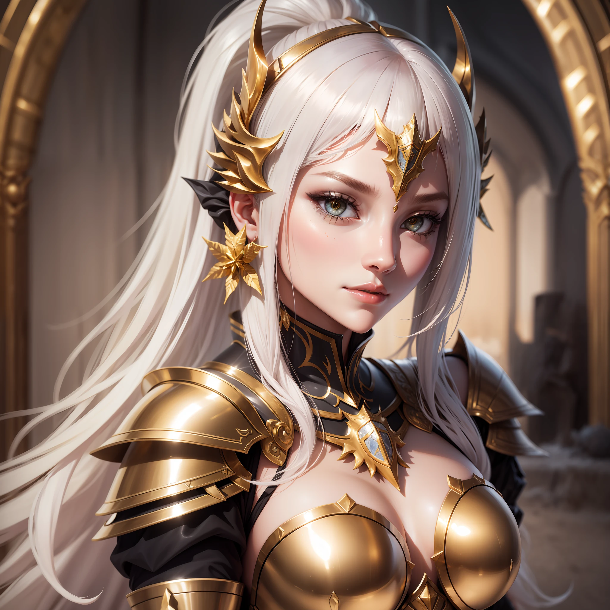 a full-length portrait of a light [seducer|goddess], highly detailed armor with gold plating, shiny, photorealistic armor, PLD_armor, a female knight in armor, wearing PLD_armor, perfect face, beautiful face, coral eyes, platinum blonde hair, long hair, medium breasts, lush details, absurd, . UHD, high details, super detail, best quality, 8k