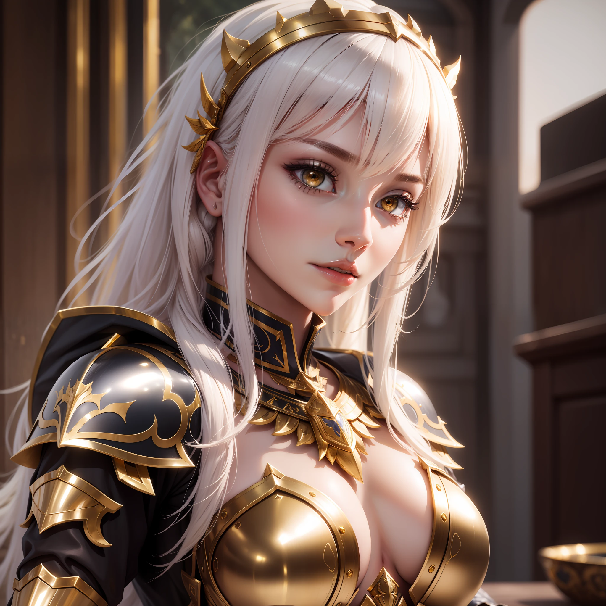 a full-length portrait of a light [seducer|goddess], highly detailed armor with gold plating, shiny, photorealistic armor, PLD_armor, a female knight in armor, wearing PLD_armor, perfect face, beautiful face, coral eyes, platinum blonde hair, long hair, medium breasts, lush details, absurd, . UHD, high details, super detail, best quality, 8k