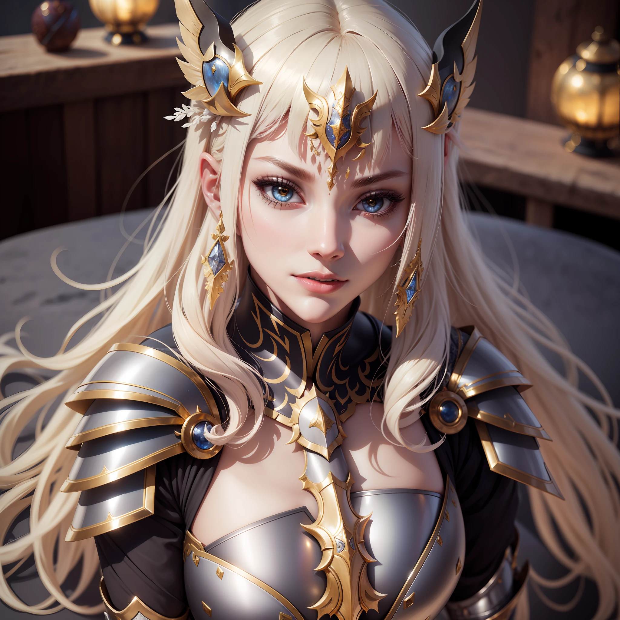 a full-length portrait of a light [seducer|goddess], highly detailed armor with gold plating, shiny, photorealistic armor, PLD_armor, a female knight in armor, wearing PLD_armor, perfect face, beautiful face, coral eyes, platinum blonde hair, long hair, medium breasts, lush details, absurd, . UHD, high details, super detail, best quality, 8k