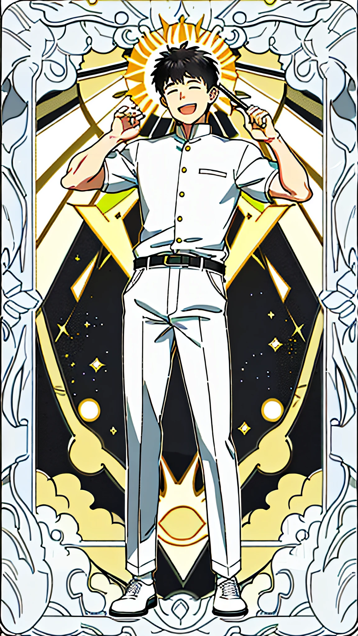 masterpiece, best quality, full body, card, 1 man, the sun, happy, laugh, short hair, black hair, brush cut, white shirt, standing, white, sunshine, yellow, black, buzz cut, bara, muscle