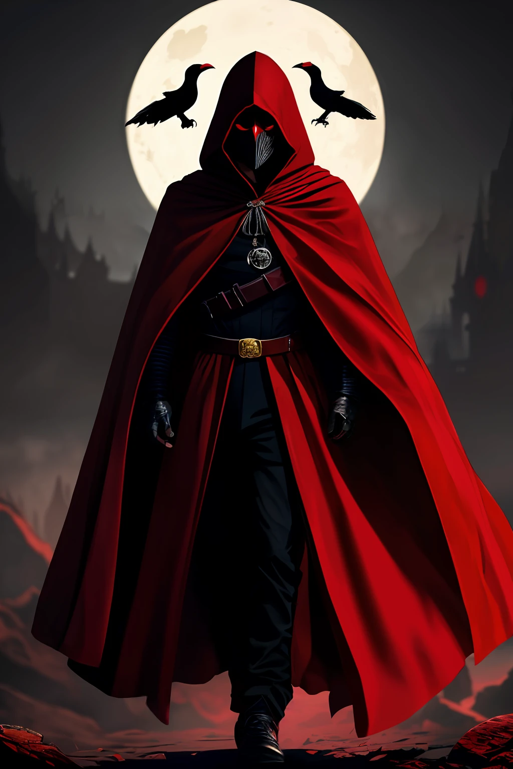 A shadowy man, red closed robe, cloak hiding body,red hood, mask hiding face, ghastly, scary, white crow mask with golden beak, red hooded robe, dark scenery, dark night, halberd on the back, realistic image, 8k image, HD image, High resolution, masterpiece