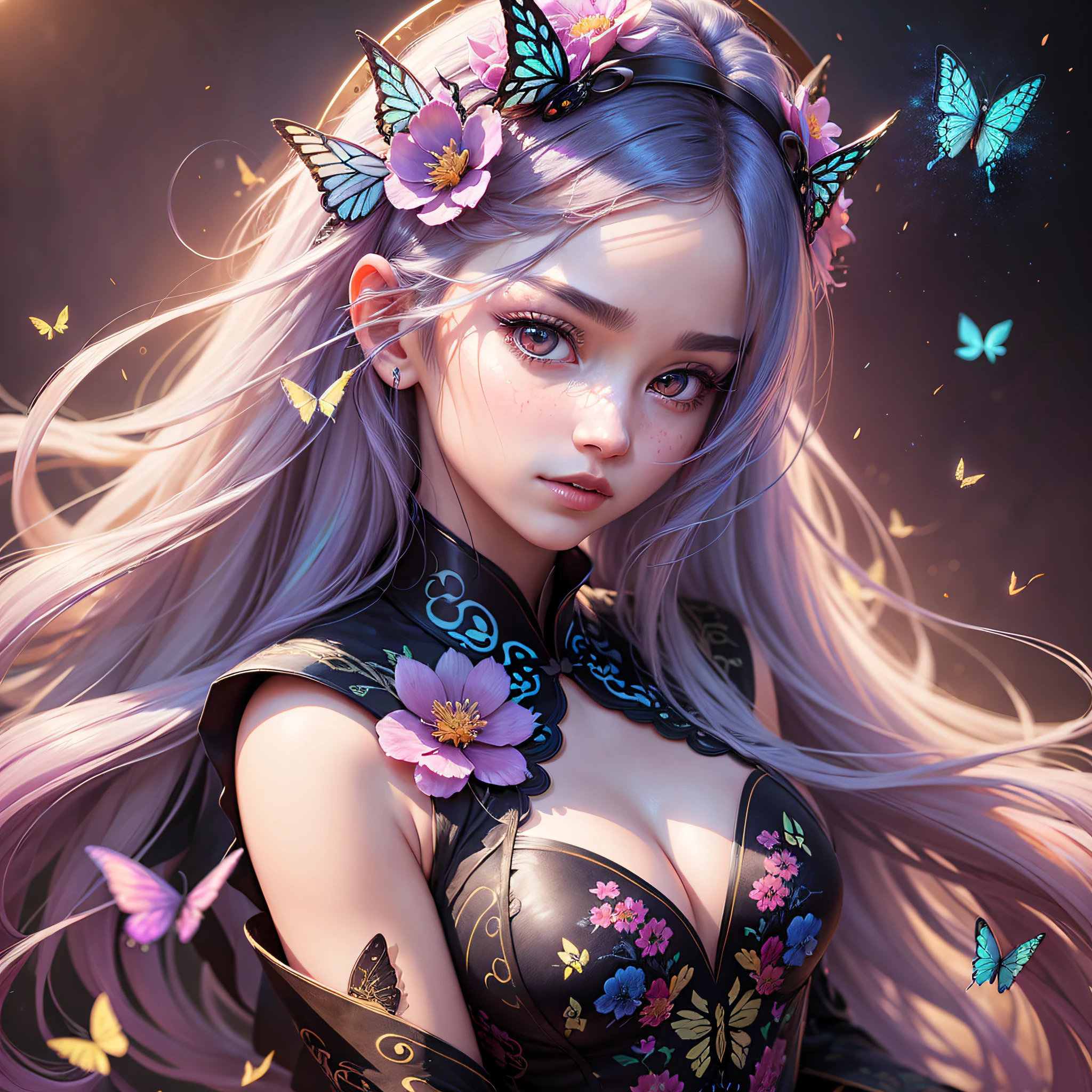 Masterpiece, Best Quality, CG 8k Wallpapers, Illustration, Amazing Fine Detail and Brushstrokes, Smooth, Elegant, Extremely Detailed, Dynamic Composition, Motion, Incredible Detail, Black Gothic Dress, Lori, Blood Moon, Scarlet Rose, Beautiful, Detailed Eyes, [White Hair "Blue Hair: 0.5], Red Eyes, Spinning Dance, Highly Detailed, Solo, Full, Amazing, Beautiful, Fine Detail, (Stars), Galaxy, Ray Trace, Depth of Field (Young Girls) , ((China_Cheongsam))), (delicate lashes), ((cute anime face)), (extremely delicate and beautiful), (hair_flower), (jewel), (crystal), (colored inner long hair)), (multicolor), (beautiful and detailed face), (detailed long hair))), long floating hair, gradual change of hair, (lace ribbon), (ribbon), ((crown)), (detailed fabric) ((butterfly)), (detailed butterfly), (multicolored butterfly), (neon palette), ( (Detailed flowers)), ((colorful flowers)), text generation pictures, animation pictures generation, arm depiction more detailed, real hands, super real light and shadow, exquisite facial features super detailed, cool face, CG scenario --auto --s2